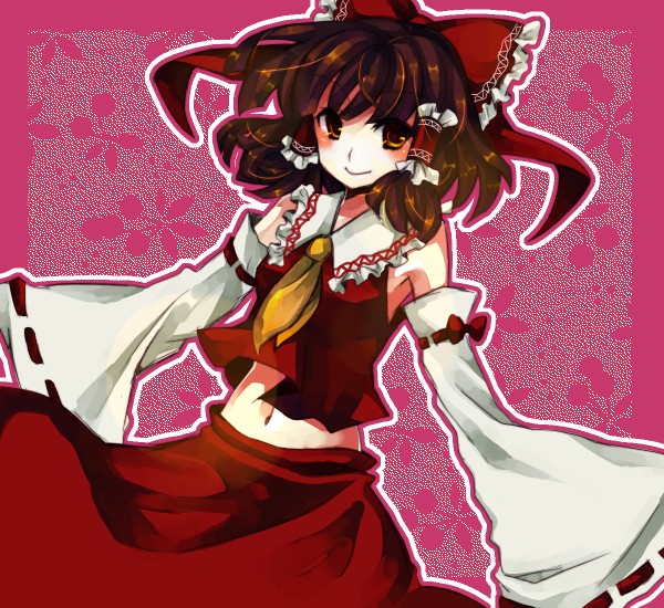 yutsuka, yutsuka (amyucca), hakurei reimu, touhou, 1girl, bow, brown eyes, brown hair, detached sleeves, female focus, japanese clothes, midriff, miko, navel, ribbon, solo