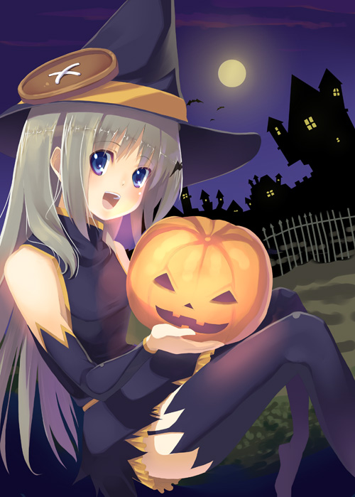 hisagi hotaru, noumi kudryavka, little busters!, silver hair, bad id, bad pixiv id, blue eyes, costume, elbow gloves, full moon, gloves, halloween, hat, jack-o'-lantern, long hair, moon, night, pumpkin, purple thighhighs, solo, thighhighs, witch, witch hat