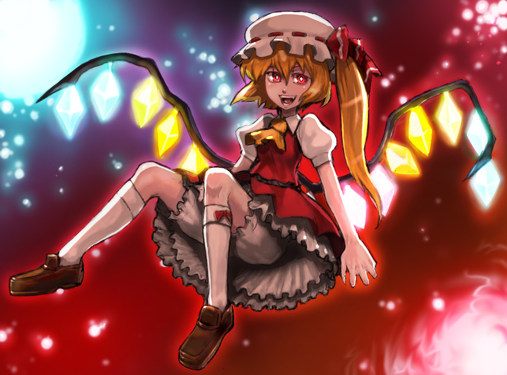 matsumoto tomoyohi, flandre scarlet, touhou, 1girl, blonde hair, bloomers, fang, female focus, full body, gradient background, hat, mob cap, ponytail, red eyes, ribbon, short hair, skirt, solo, underwear, white bloomers, wings