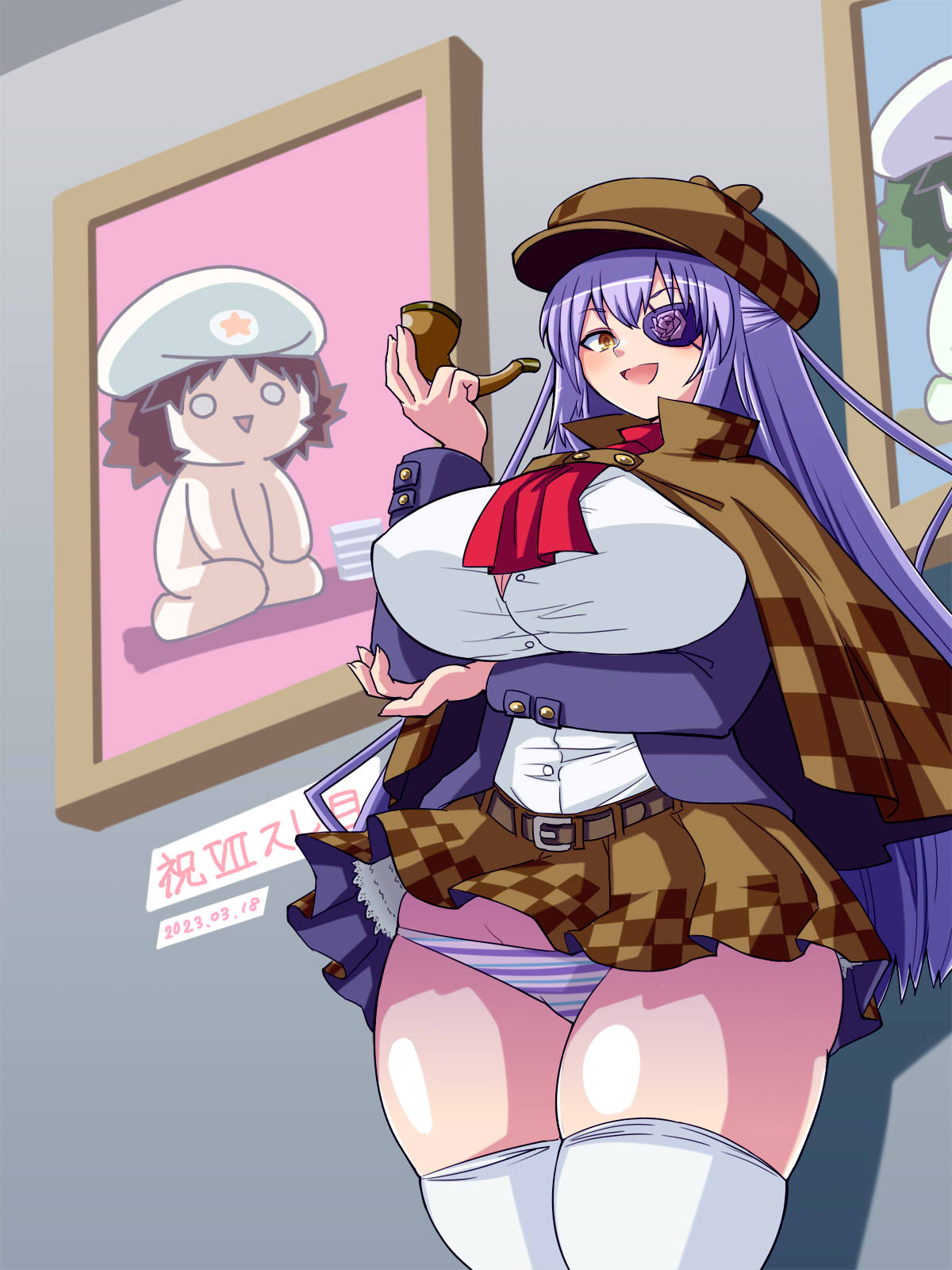 itini-sanshi, barasuishou, rozen maiden, commentary request, highres, 1girl, alternate breast size (larger), alternate costume, arm under breasts, ascot, blush, breasts, brown capelet, brown skirt, capelet, checkered capelet, checkered clothes, checkered skirt, cowboy shot, dated, deerstalker, detective, flower eyepatch, hat, holding, holding smoking pipe, huge breasts, jacket, long hair, long sleeves, looking at viewer, open mouth, painting (object), panties, pantyshot, purple jacket, purple panties, red ascot, shirt, skirt, smile, smoking pipe, solo, striped clothes, striped panties, thighhighs, underwear, very long hair, white panties, white shirt, white thighhighs, yellow eyes