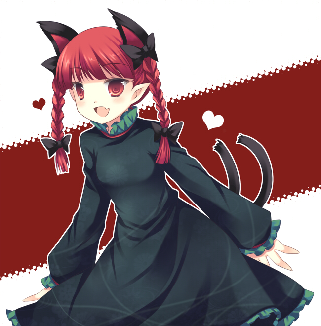 takase kanan, kaenbyou rin, touhou, 1girl, animal ears, braid, cat ears, cat girl, cat tail, female focus, hair ribbon, heart, multiple tails, pointy ears, red eyes, red hair, ribbon, solo, standing, tail, twin braids, twintails, white background