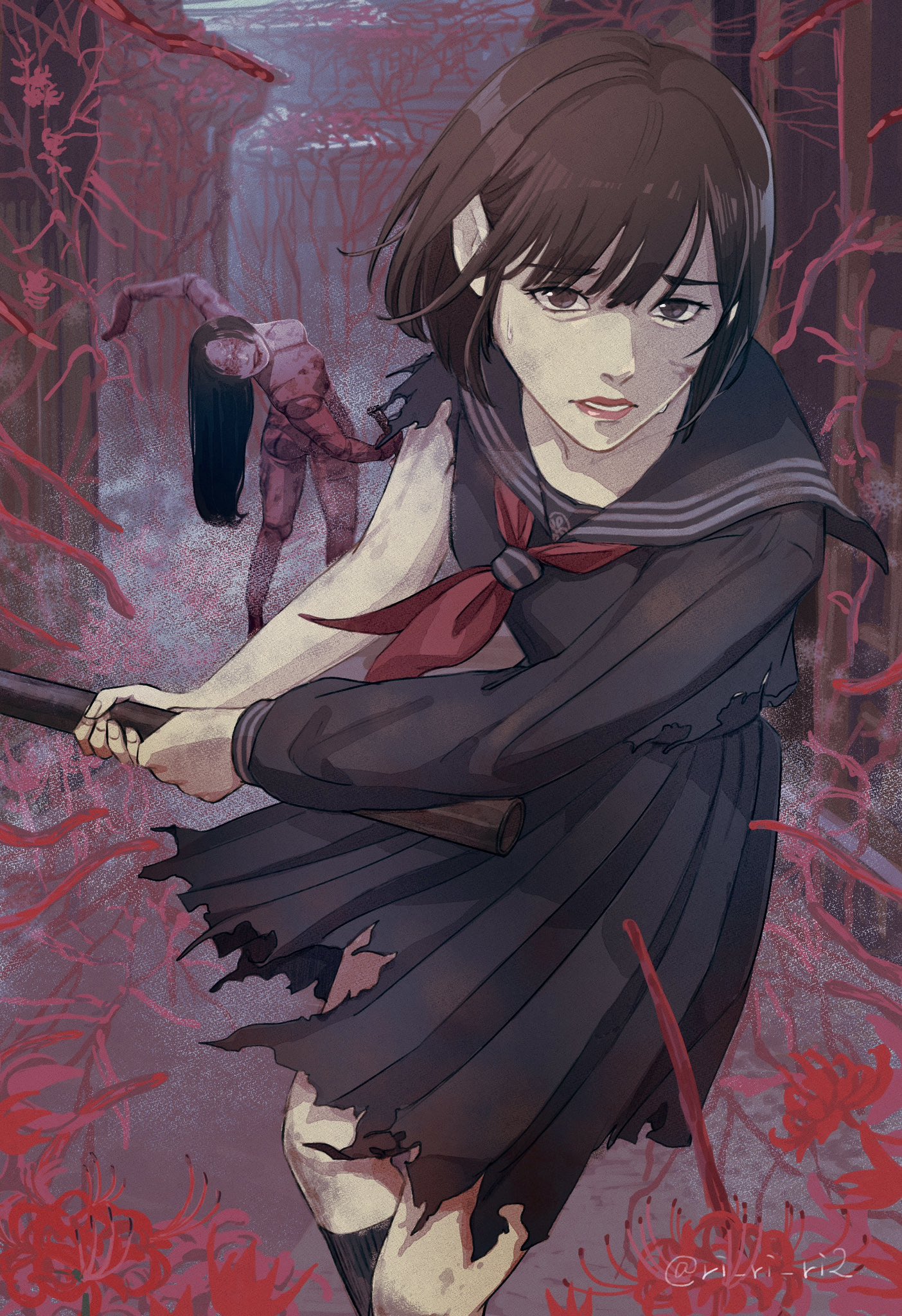 ri ri ri2, shimizu hinako, silent hill (series), silent hill f, highres, 1girl, 1other, black hair, black sailor collar, black serafuku, black shirt, black skirt, black socks, breasts, brown eyes, brown hair, dirty, dirty face, feet out of frame, flower, holding, holding lead pipe, horror (theme), lead pipe, long hair, medium breasts, neckerchief, parted lips, pleated skirt, red flower, red neckerchief, sailor collar, school uniform, serafuku, shirt, short hair, skirt, socks, spider lily, torn clothes, torn skirt, torn sleeves, twitter username