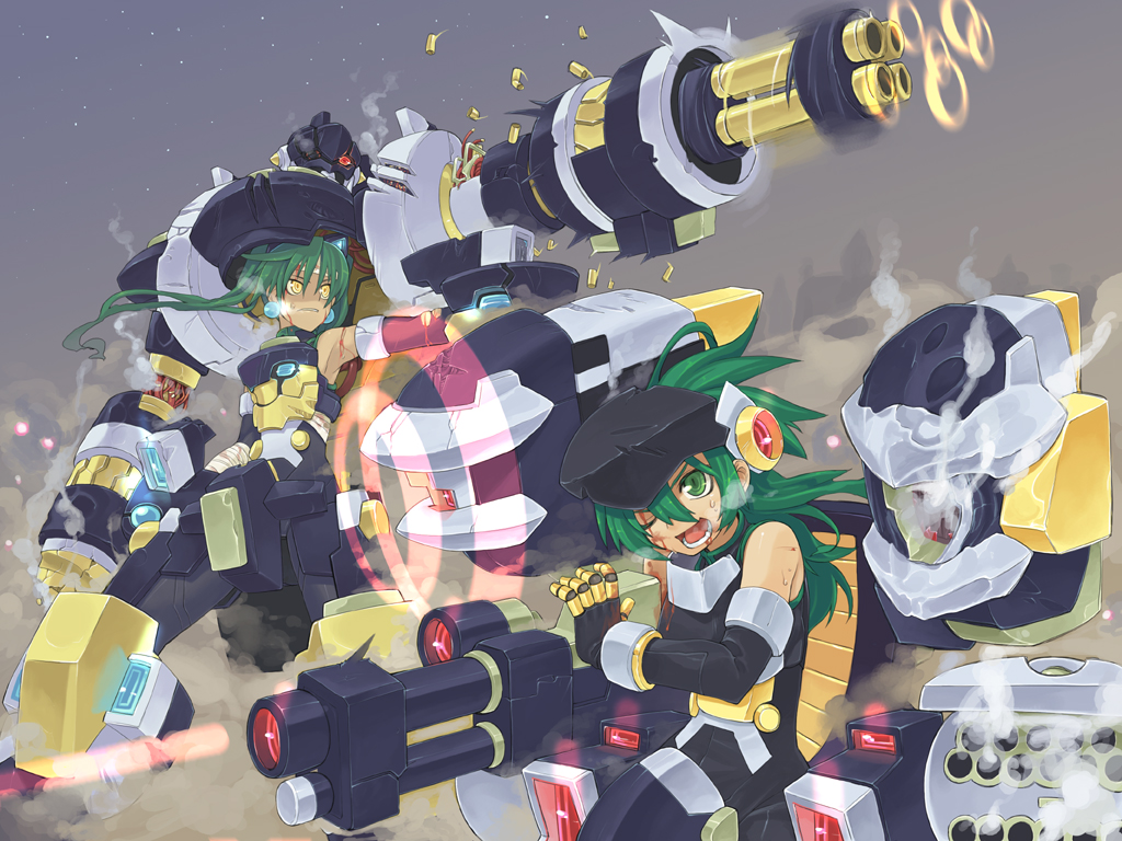 shigehiro (hiroi heya), diana (shinrabanshou), pygmalion, pygmalion (shinrabanshou), shinrabanshou, 2girls, armor, battle, blood, bullet, earrings, glowing, glowing eyes, green eyes, green hair, gun, jewelry, long hair, mecha, multiple girls, robot, siblings, sisters, smoke, smoking barrel, sweat, twintails, weapon, yellow eyes