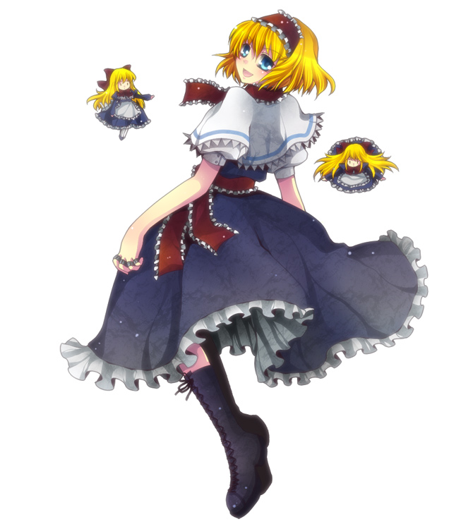mikazuki sara, alice margatroid, touhou, 3girls, blonde hair, blue eyes, boots, doll, female focus, full body, hairband, multiple girls, short hair, simple background, solo, white background
