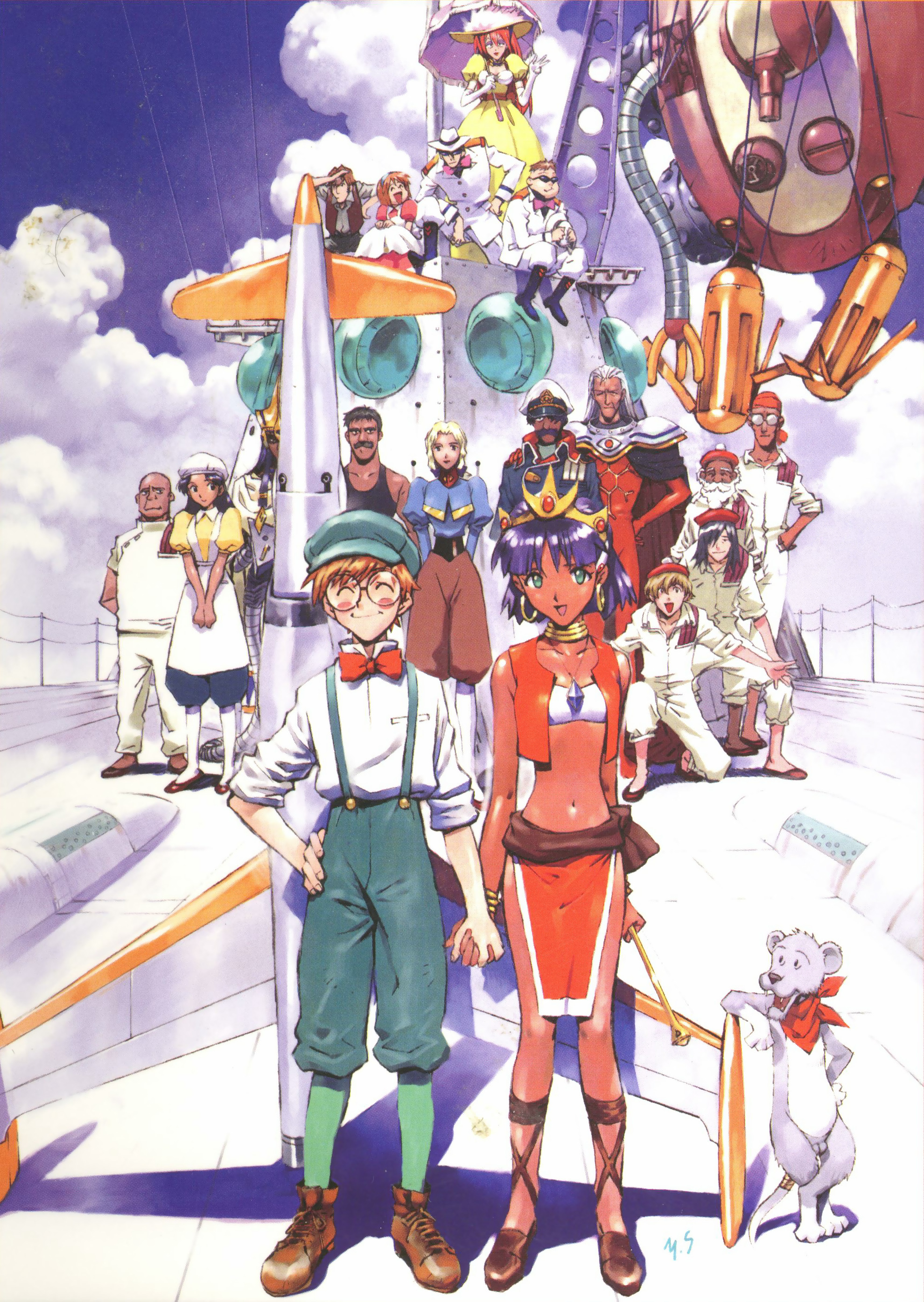 sadamoto yoshiyuki, ayerton (nadia), ayrton glenarvan, ballast operator (nadia), chief engineer (nadia), chief navigator (nadia), dengil (nadia), echo willan, electra (nadia), emperor neo, gargoyle (nadia), grandis granva, gratan (nadia), hanson, helmsman (nadia), ikolina (nadia), jean roque lartigue, jean roque raltique, king (nadia), marie en carlsberg, nadia la arwall, nautilus, nemo (nadia), neo ikon epiphanes, sanson (nadia), fushigi no umi no nadia, absurdres, highres, official art, scan, 1990s (style), 5girls, 6+boys, ankle lace-up, apron, bald, bandeau, beard, black hair, blonde hair, bow, bowtie, bracelet, brown hair, cloud, crown, dark skin, dress, earrings, everyone, facial hair, glasses, green eyes, grey hair, hands on own hips, hat, holding hands, jewelry, lion, loincloth, long hair, looking at viewer, midriff, military, military uniform, multiple boys, multiple girls, mustache, nautilus crew, navel, neck ring, no mask, pants, peaked cap, pelvic curtain, purple hair, red hair, retro artstyle, rocket, sandals, scarf, shirt, shoes, short hair, sky, smile, socks, soiled image, strapless, submarine, sunglasses, tube top, umbrella, vest, watercraft