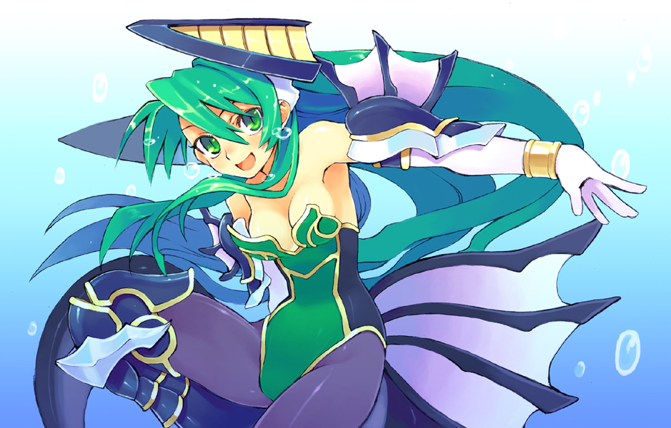 kurea, shigehiro (hiroi heya), kurea (shinrabanshou), shinrabanshou, 1girl, :d, armpits, bare shoulders, black pantyhose, bodysuit, breasts, cleavage, elbow gloves, female focus, gloves, green hair, headgear, leotard, long hair, looking at viewer, medium breasts, open mouth, pantyhose, smile, solo, white gloves