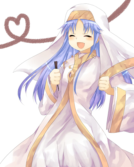 amanekuro, index (toaru majutsu no index), toaru majutsu no index, habit, bad id, bad pixiv id, 00s, 1girl, :d, ^ ^, blue hair, blush, chopsticks, cloak, closed eyes, cowboy shot, female focus, heart, heart of string, holding, impossible clothes, long hair, long sleeves, nun, open mouth, robe, safety pin, smile, solo, standing, string, veil, white background