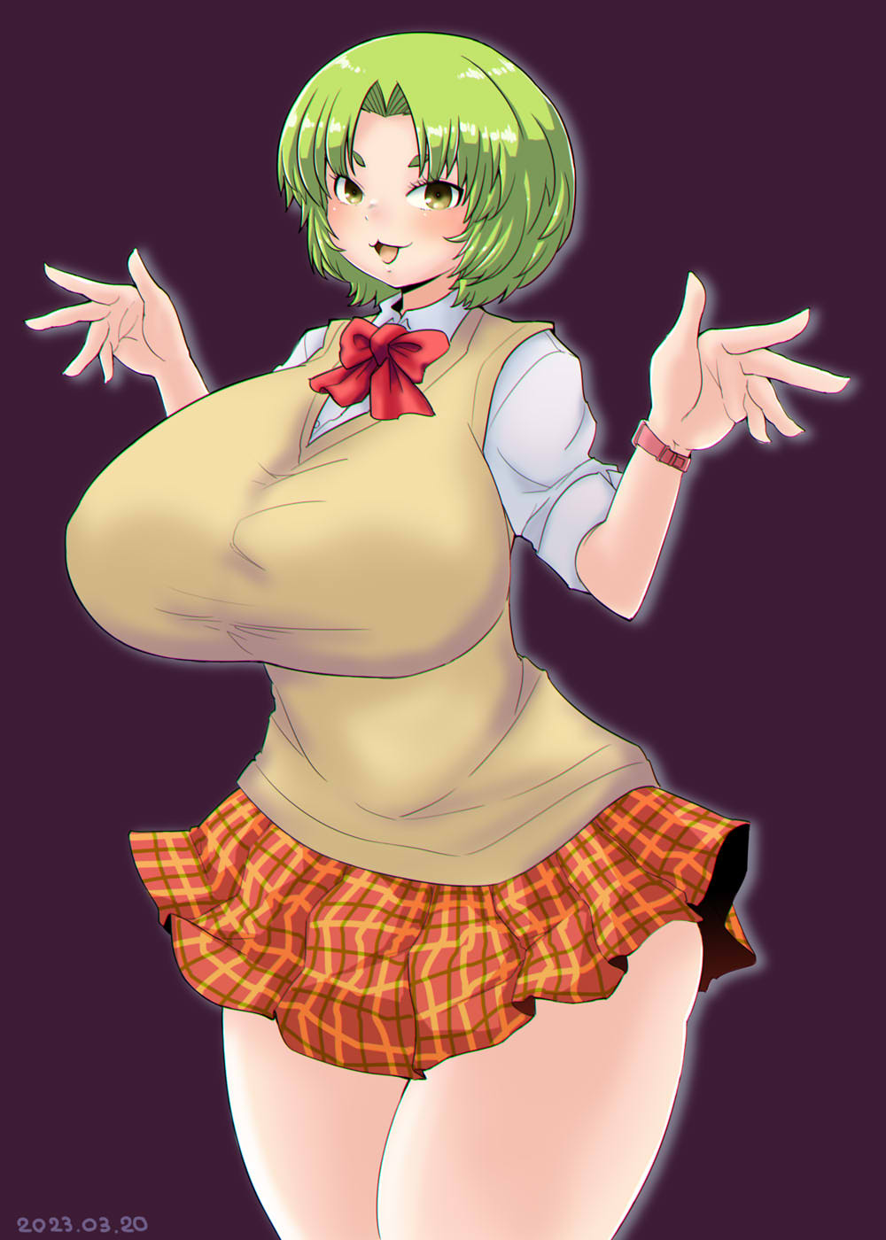 itini-sanshi, yarumi, 2channel, commentary request, highres, 1girl, blush, bow, bowtie, breasts, brown vest, cowboy shot, dated, green hair, huge breasts, looking at viewer, open mouth, orange skirt, plaid clothes, plaid skirt, purple background, red bow, red bowtie, school uniform, shirt, short hair, short sleeves, simple background, skirt, smile, solo, vest, white shirt, yellow eyes