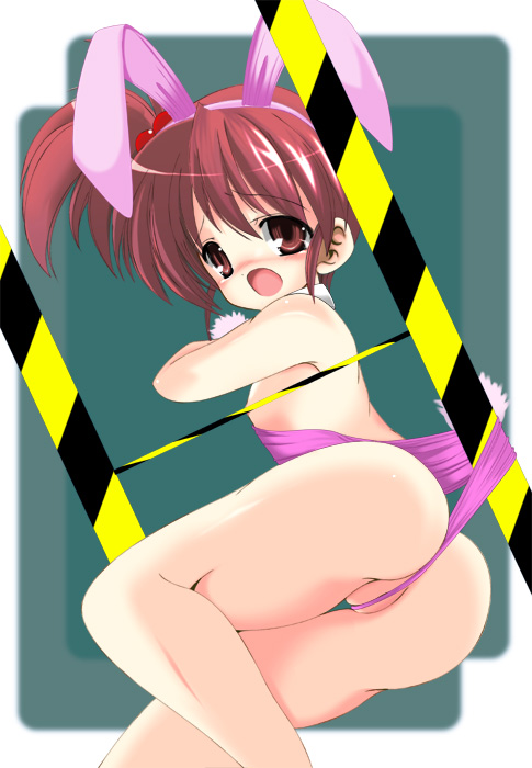 sachuma, kyon no imouto, suzumiya haruhi no yuuutsu, 00s, 1girl, animal costume, animal ears, ass, bare legs, breasts, censored, fake animal ears, female focus, loli, nipples, playboy bunny, rabbit ears, small breasts, solo, wedgie