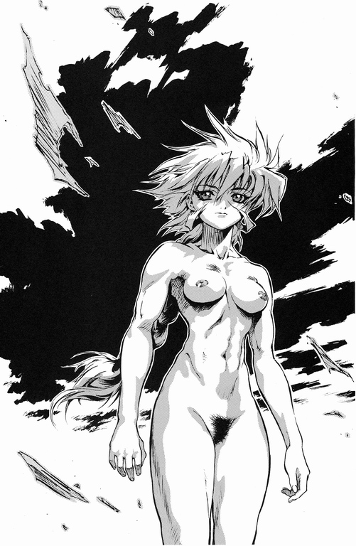 ragu, elle, elle ragu, shadow skill, 1girl, abs, braid, breasts, female focus, female pubic hair, greyscale, long hair, medium breasts, monochrome, muscular, nipples, nude, pubic hair, shadow, solo