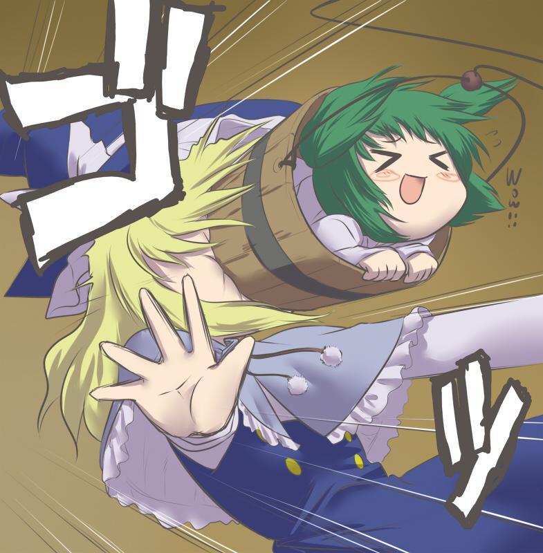 yoshi tama, kirisame marisa, kisume, subterranean animism, touhou, md5 mismatch, > <, > <, 2girls, :d, blonde hair, blush stickers, bow, bucket, capelet, closed eyes, dress, female focus, green hair, hat, hat bow, holding, in bucket, in container, in the face, long sleeves, multiple girls, open mouth, short hair, smile, two side up, witch hat, xd