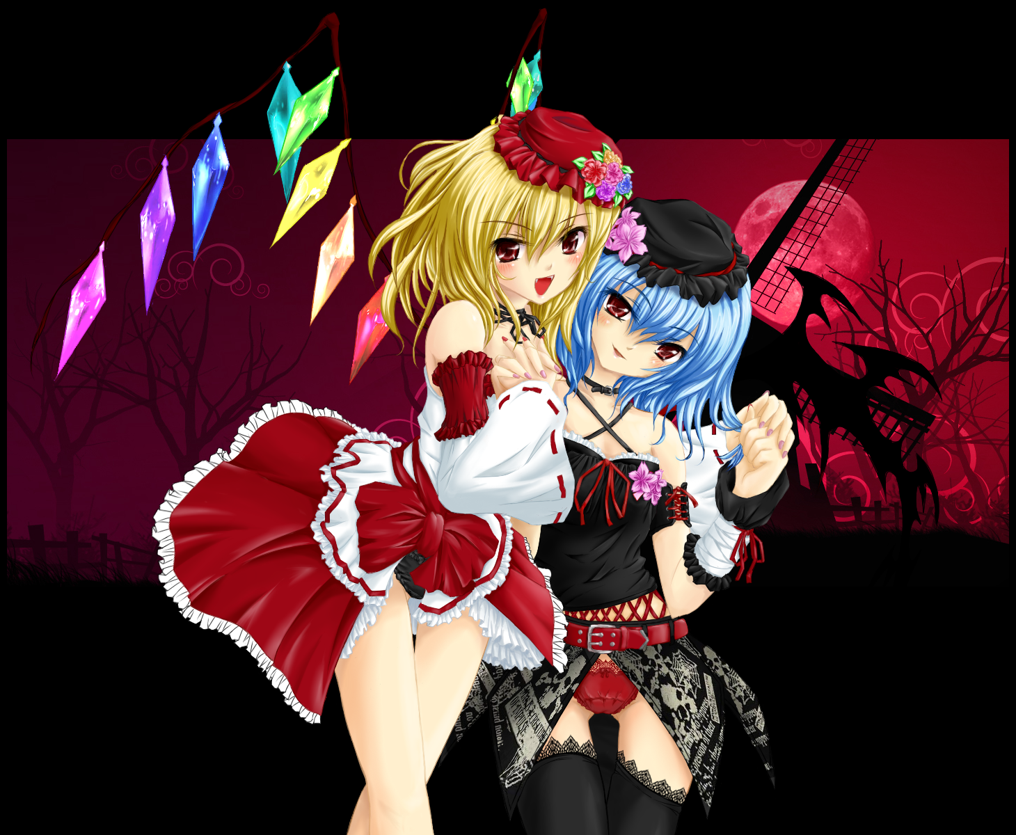 nekokotei, flandre scarlet, remilia scarlet, touhou, bad id, bad pixiv id, highres, 2girls, blonde hair, blue hair, female focus, hat, holding hands, multiple girls, nail polish, pink nails, red nails, short hair, siblings, sisters, wings