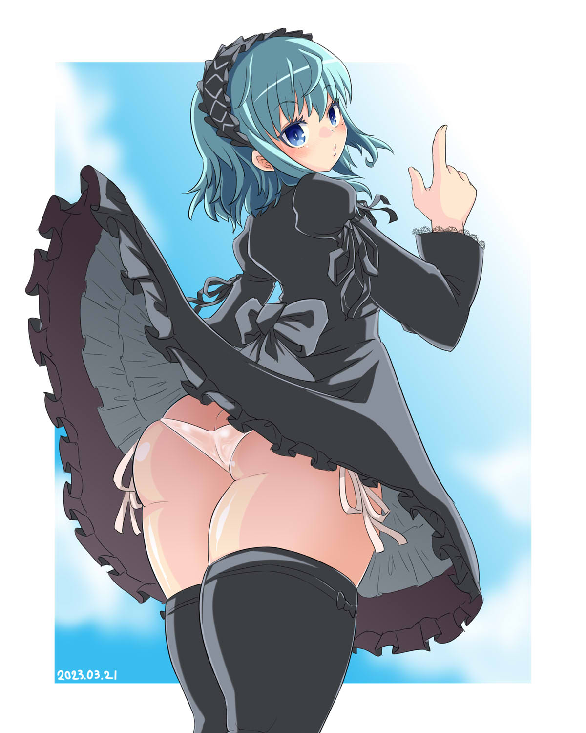 itini-sanshi, 2channel, commentary request, highres, 1boy, 2channel (/livejupiter/), aile-kun, ass, blue eyes, blue hair, blush, border, cowboy shot, crossdressing, crossdressing (mtf), dated, dress, frilled dress, frilled hairband, frills, grey dress, grey ribbon, grey thighhighs, hairband, juliet sleeves, lace-trimmed sleeves, lace trim, long sleeves, looking at viewer, male focus, outside border, panties, pantyshot, puffy sleeves, short hair, sleeve ribbon, solo, thighhighs, trap, underwear, white border, white panties