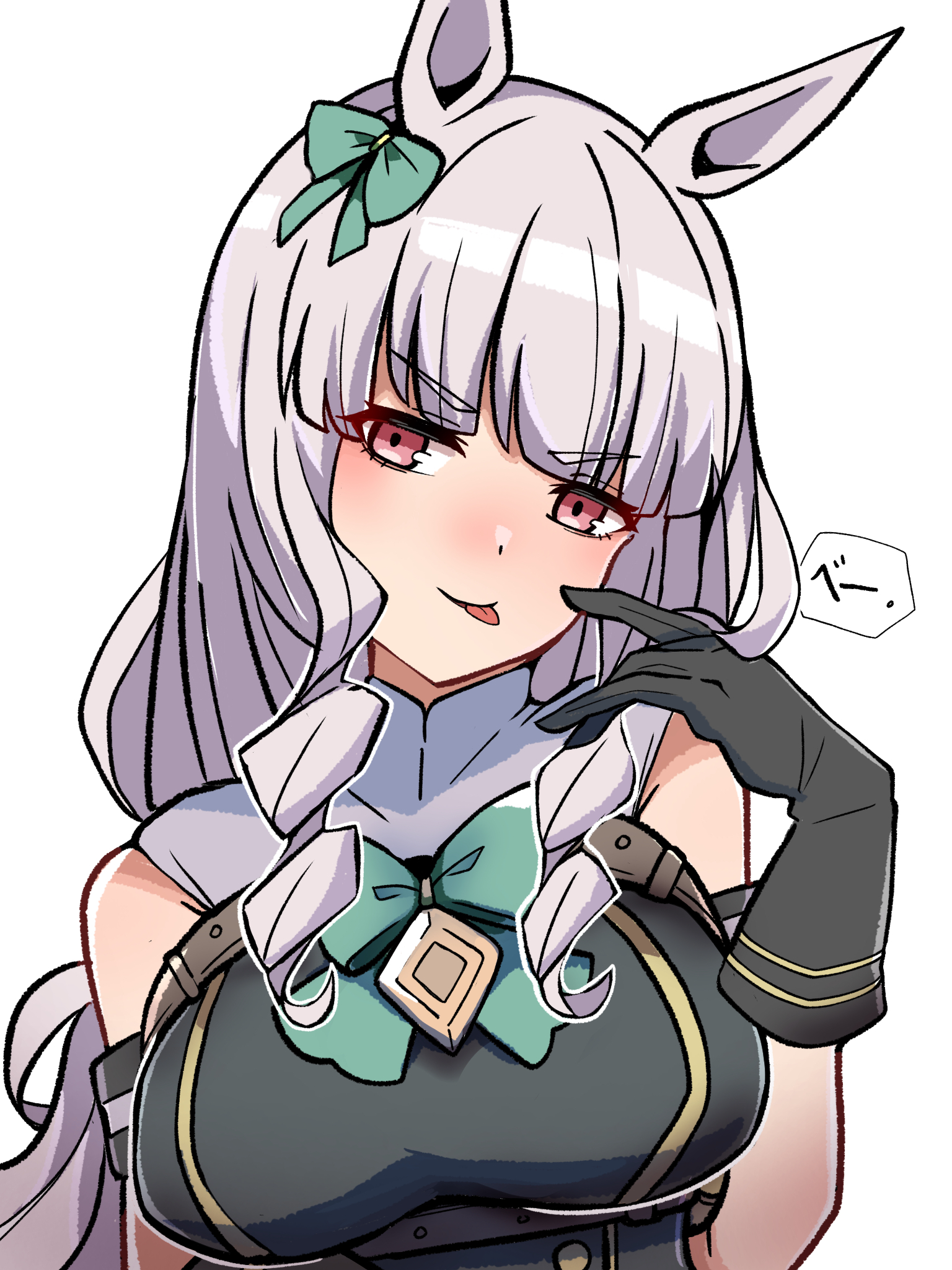 kawamochi (tddm3573), gold ship (umamusume), umamusume, highres, 1girl, adapted costume, alternate color, animal ears, black gloves, blunt bangs, blush, bow, bowtie, breasts, drill hair, drill sidelocks, gloves, green bow, green bowtie, grey hair, horse ears, horse girl, large breasts, long hair, looking at viewer, pink eyes, sidelocks, simple background, solo, tongue, tongue out, upper body, white background