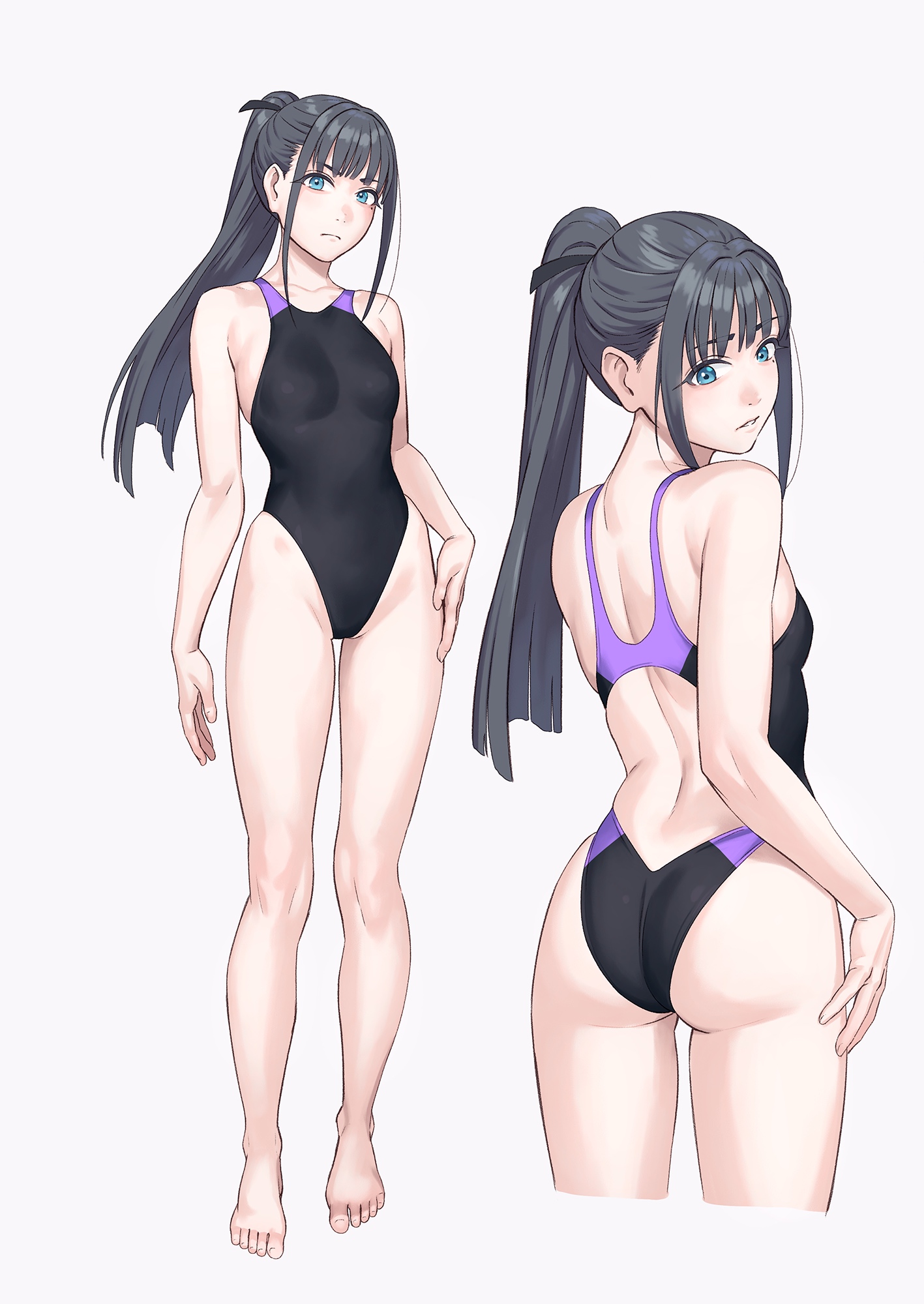 yuuji (and), amaya tsubame, gakuen idolmaster, idolmaster, highres, 1girl, ass, back, bare arms, bare legs, bare shoulders, barefoot, black hair, blue eyes, closed mouth, competition swimsuit, from behind, full body, long hair, looking at viewer, looking back, mole, mole under eye, one-piece swimsuit, ponytail, simple background, standing, swimsuit, v-shaped eyebrows, white background