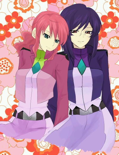 ocha (tea), uuron tea, feldt grace, tieria erde, gundam, gundam 00, bad id, bad pixiv id, 00s, 1boy, 1girl, belt, flower, genderswap, genderswap (mtf), glasses, jacket, pink hair, purple hair, skirt, smile