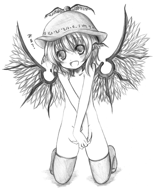 kurona, mystia lorelei, touhou, 1girl, animal ears, covering crotch, covering privates, female focus, fingernails, flat chest, greyscale, hat, kneeling, long fingernails, monochrome, nude, nude cover, socks, solo, thighhighs, v arms, wings