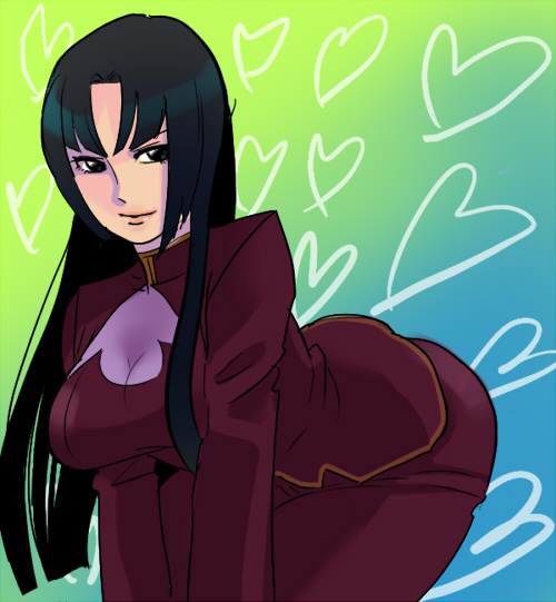 muto25, wang liu mei, gundam, gundam 00, 00s, 1girl, black hair, breasts, cleavage, dress, female focus, large breasts, long hair, solo