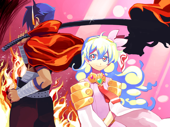 shigehiro (hiroi heya), kamina (ttgl), nia teppelin, tengen toppa gurren lagann, + +, 00s, 1boy, 1girl, bandages, blonde hair, blue hair, cape, cross-shaped pupils, flower, hair flower, hair ornament, kamina shades, katana, long hair, multicolored hair, pink background, sarashi, short hair, smile, sword, symbol-shaped pupils, tattoo, triangular eyewear, two-tone hair, weapon