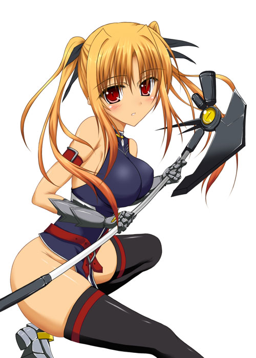 taana, bardiche (assault form) (nanoha), bardiche (nanoha), fate testarossa, fate testarossa (true sonic form), lyrical nanoha, mahou shoujo lyrical nanoha, mahou shoujo lyrical nanoha strikers, 00s, 1girl, axe, blonde hair, blush, breasts, female focus, gauntlets, large breasts, red eyes, solo, staff, thighhighs, twintails, weapon