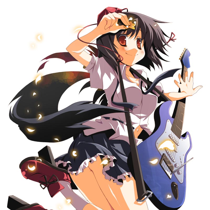 utsurogi angu, shameimaru aya, touhou, 1girl, black hair, black wings, female focus, geta, guitar, hat, instrument, looking at viewer, no panties, simple background, skirt, smile, solo, tengu-geta, white background, wings