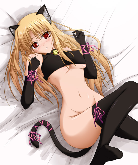 taana, fate testarossa, lyrical nanoha, mahou shoujo lyrical nanoha strikers, 00s, 1girl, animal ears, bed, bell, blonde hair, blush, bottomless, breasts, cat ears, cat tail, collar, covered erect nipples, elbow gloves, female focus, gloves, long hair, lying, neck bell, red eyes, solo, tail, thighhighs, underboob
