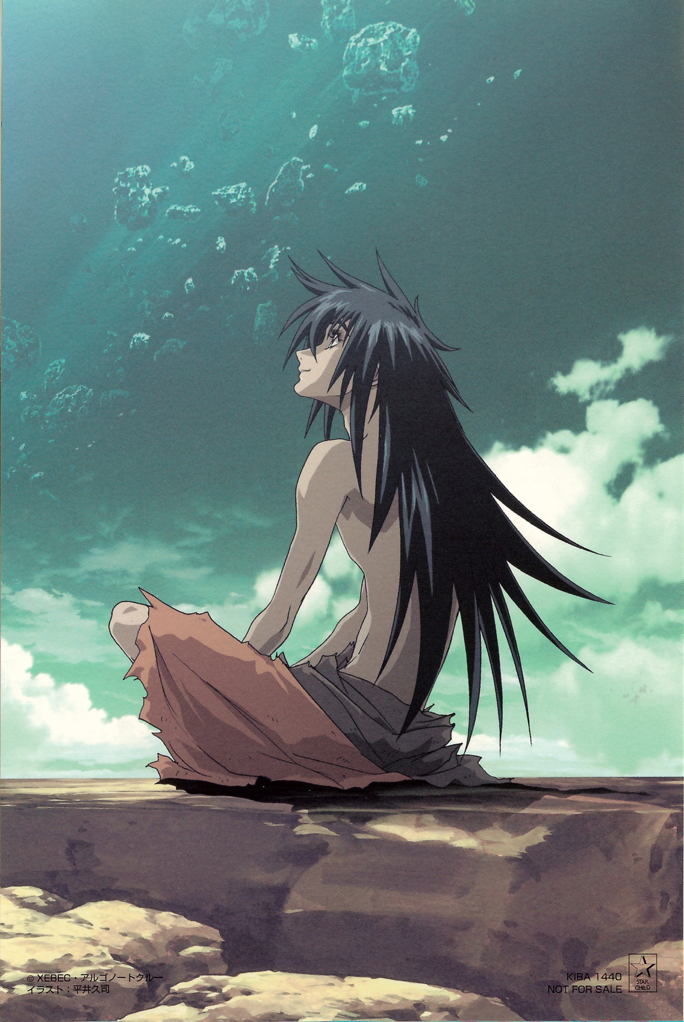 hirai hisashi, age (heroic age), heroic age, xebec, highres, official art, scan, 00s, 1boy, cloud, long hair, male focus, sitting, sky, smile, solo, topless male