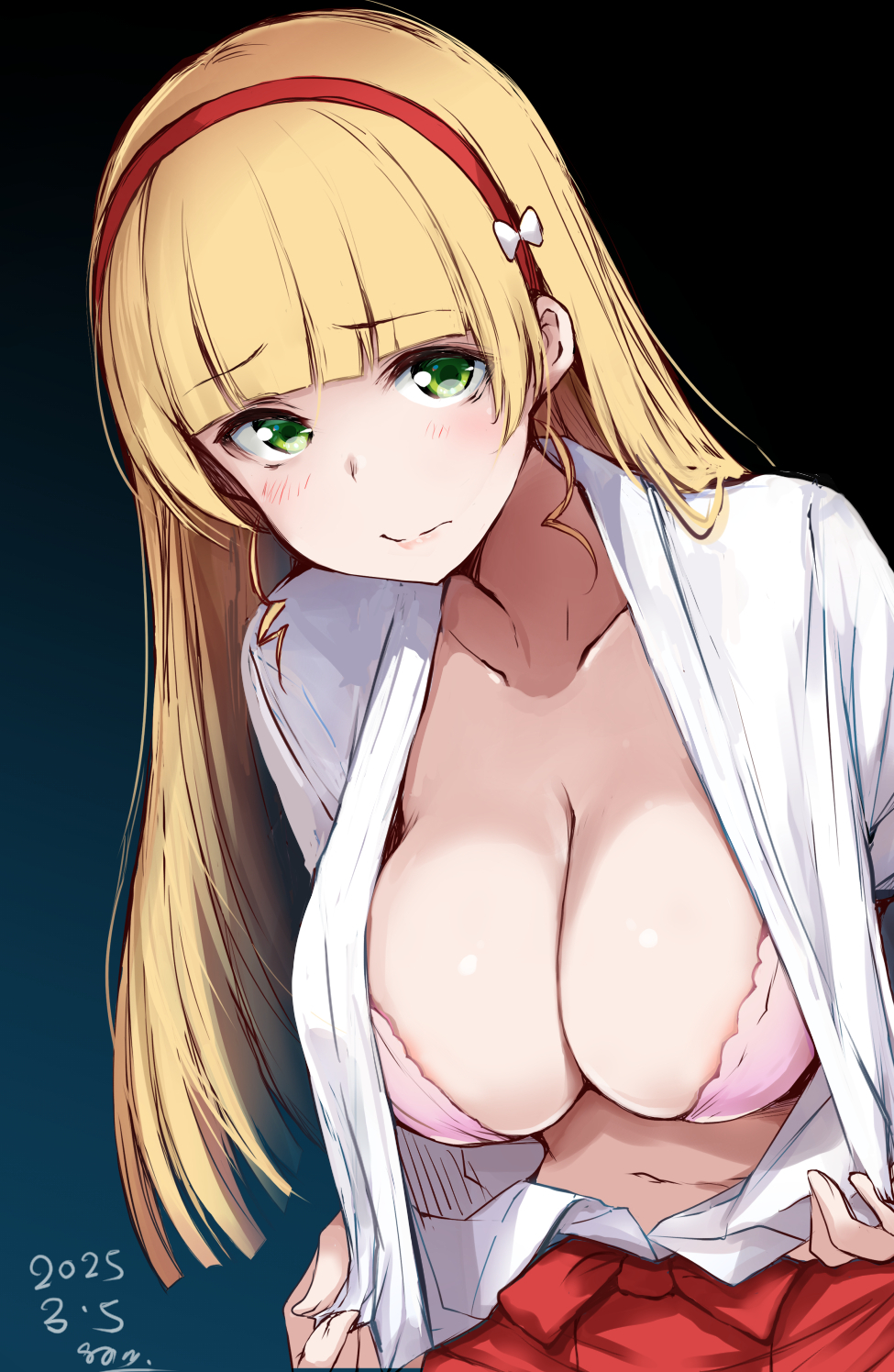 gengoroh, heanna sumire, love live!, love live! superstar!!, highres, variant set, 1girl, blonde hair, bra, breasts, cleavage, collarbone, green eyes, hair ornament, hairband, large breasts, long hair, looking at viewer, navel, open clothes, open shirt, pink bra, skirt, underwear