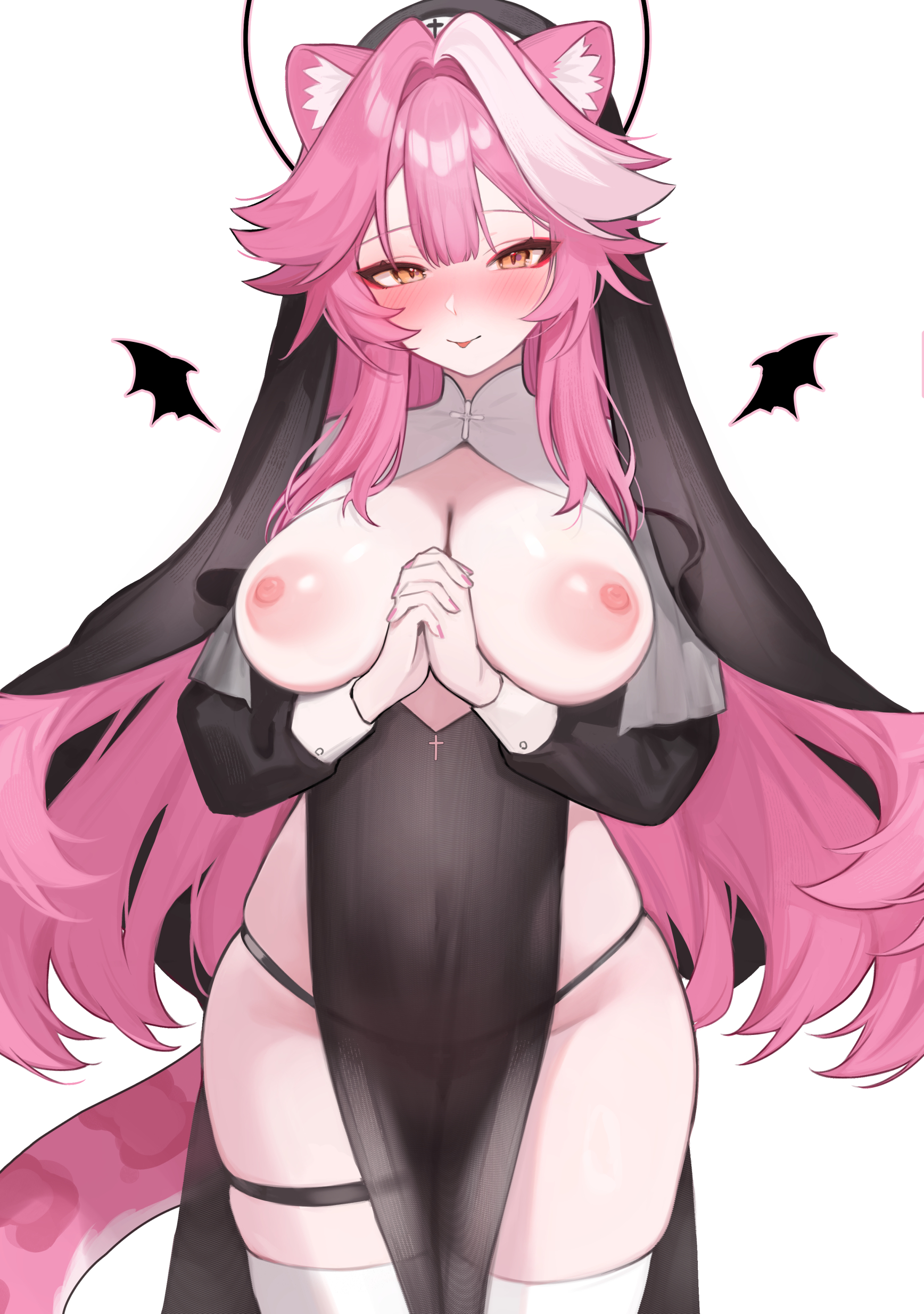 hoshi usagi, raora panthera, hololive, hololive english, absurdres, commentary, highres, symbol-only commentary, 1girl, :p, alternate costume, animal ears, black coif, black dress, blush, breastless clothes, breasts, breasts out, center-flap bangs, cleavage, cowboy shot, cross, demon wings, double-parted bangs, dress, guimpe, halo, large breasts, long hair, long sleeves, looking at viewer, mini wings, multicolored hair, nipples, nun, own hands clasped, own hands together, panther ears, panther girl, panther tail, panty straps, pelvic curtain, pink hair, sidelocks, simple background, sleeve cuffs, solo, streaked hair, tail, thigh strap, thighhighs, tongue, tongue out, very long hair, virtual youtuber, white background, white streaks, white thighhighs, wings, yellow eyes
