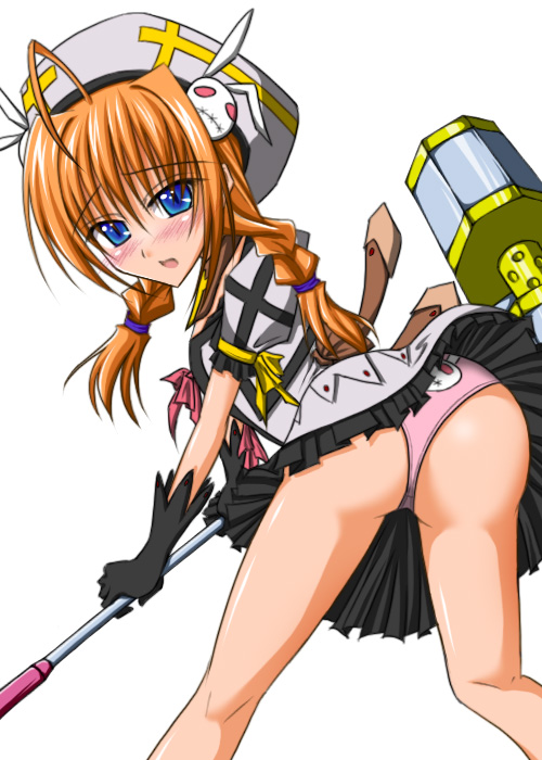 taana, graf eisen, vita (nanoha), lyrical nanoha, mahou shoujo lyrical nanoha, mahou shoujo lyrical nanoha strikers, 00s, ahoge, ass, blue eyes, blush, clothes lift, embarrassed, flat chest, gloves, hat, long hair, looking back, open mouth, orange hair, panties, pantyshot, pink panties, print panties, skirt, skirt lift, solo, underwear, weapon