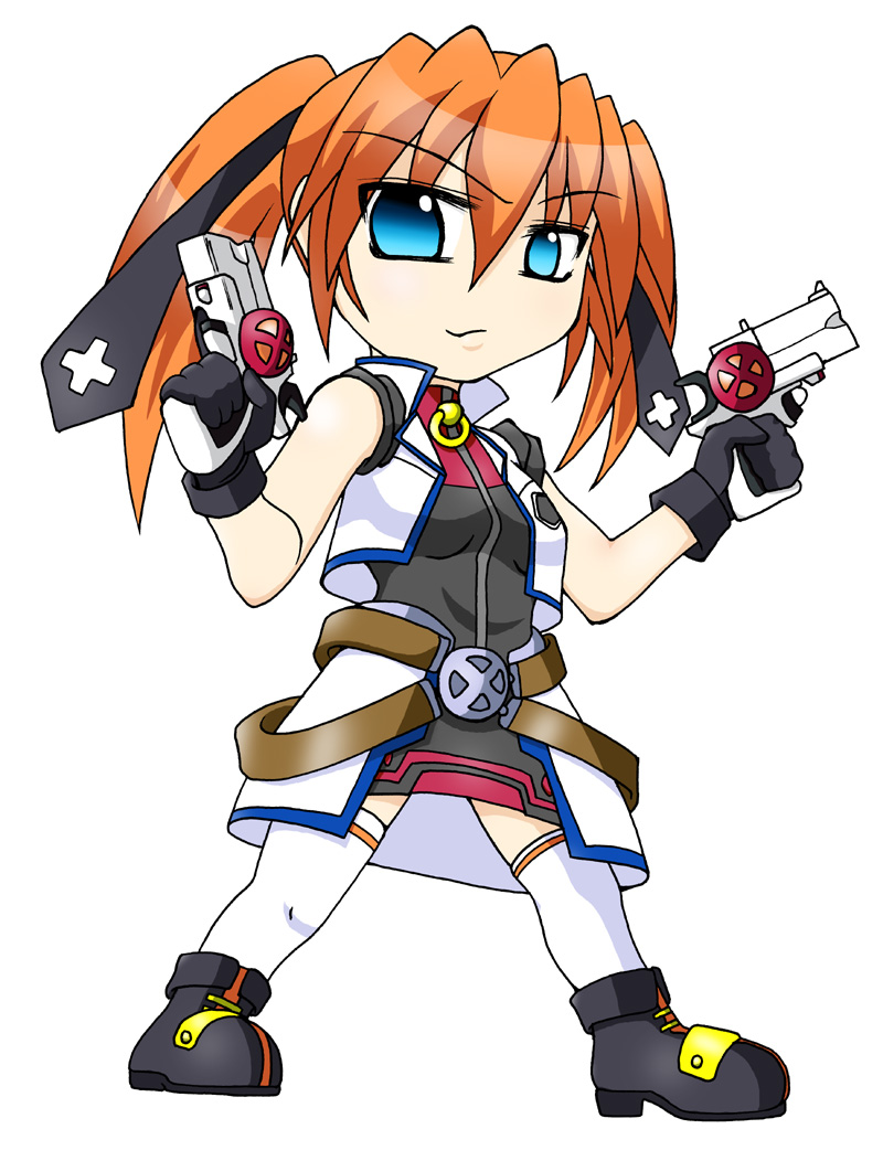 tatsuki yuuta, cross mirage, teana lanster, lyrical nanoha, mahou shoujo lyrical nanoha, mahou shoujo lyrical nanoha strikers, 00s, 1girl, belt, blush, buckle, dual wielding, female focus, gloves, gun, handgun, holding, looking at viewer, orange hair, pistol, solo, standing, thighhighs, trigger discipline, weapon, white gloves, white thighhighs, zettai ryouiki