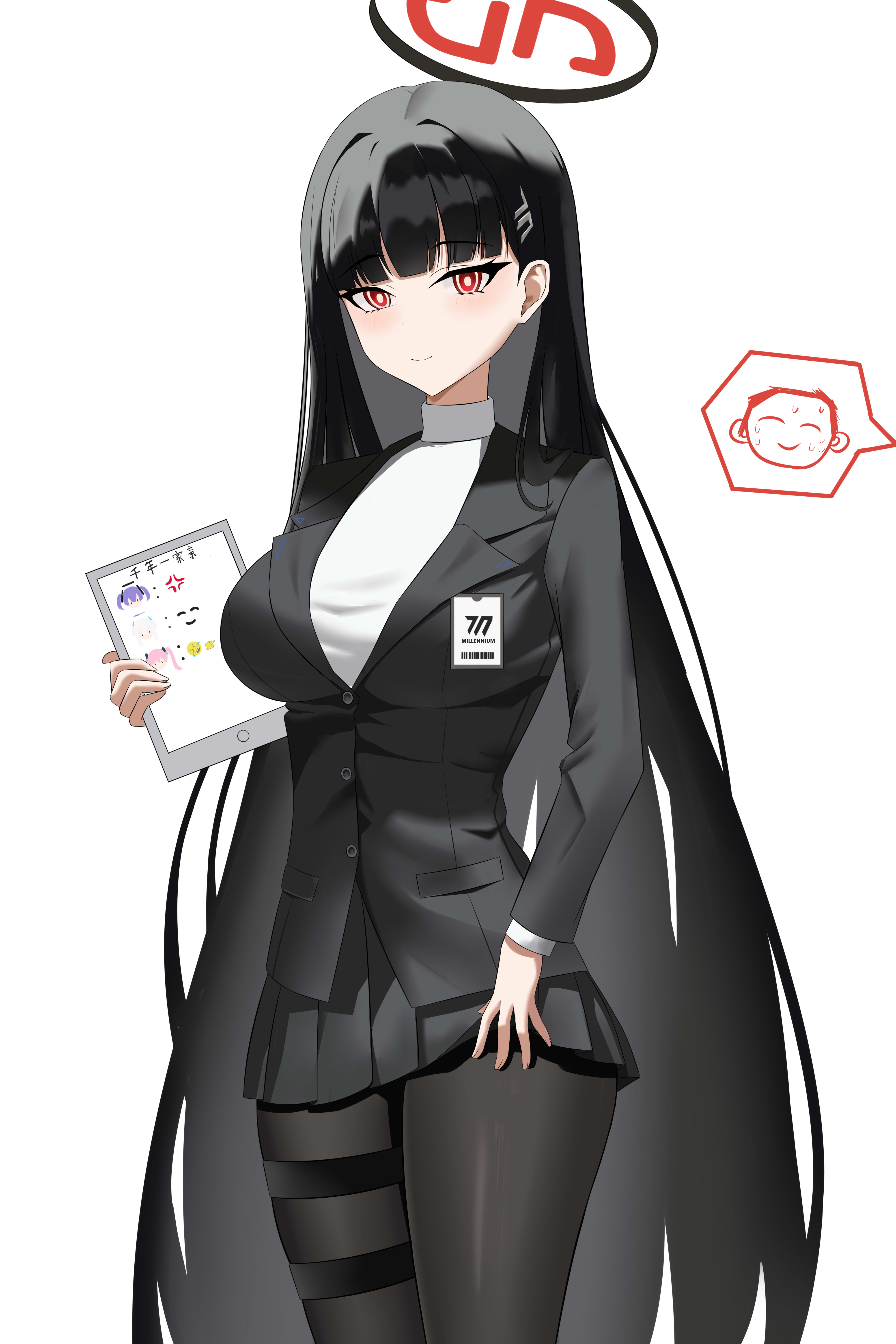 rain sorrow, rio (blue archive), sensei (blue archive), blue archive, highres, 1boy, 1girl, black hair, blunt bangs, breasts, formal clothes, hair ornament, hairclip, halo, hand on own hip, hand up, holding, large breasts, long hair, office lady, pantyhose, red eyes, simple background, skirt, smile, suit, sweater, tablet pc, turtleneck, turtleneck sweater, very long hair, white background