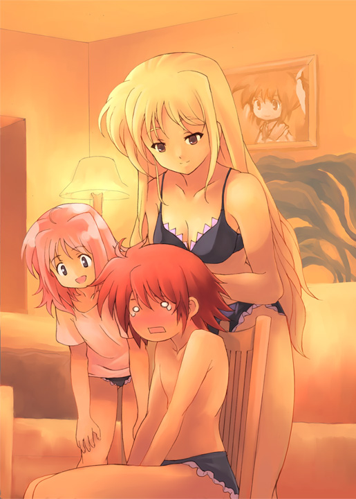 kouno hikaru, caro ru lushe, erio mondial, fate testarossa, lyrical nanoha, mahou shoujo lyrical nanoha, mahou shoujo lyrical nanoha strikers, 00s, 1boy, 2girls, blonde hair, blush, crossdressing, lingerie, long hair, multiple girls, panties, pink hair, short hair, underwear