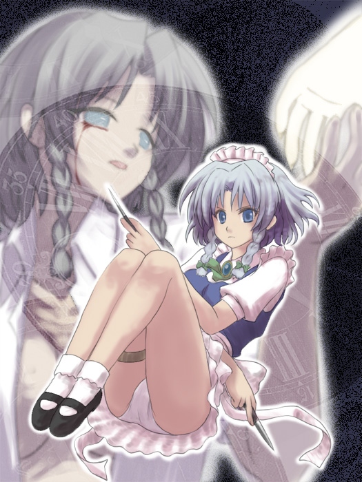 jairo, izayoi sakuya, touhou, silver hair, bad id, bad pixiv id, 1girl, braid, female focus, knife, maid, panties, short hair, solo, throwing knife, twin braids, underwear, weapon