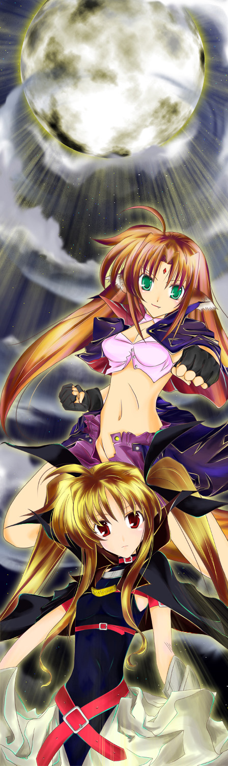 akira (rx178145), arf, fate testarossa, fate testarossa (lightning form), lyrical nanoha, mahou shoujo lyrical nanoha, highres, long image, tall image, 00s, 2girls, belt, blonde hair, brown hair, buckle, cloud, cloudy sky, green eyes, head tilt, light rays, looking at viewer, multiple girls, red eyes, skin tight, sky