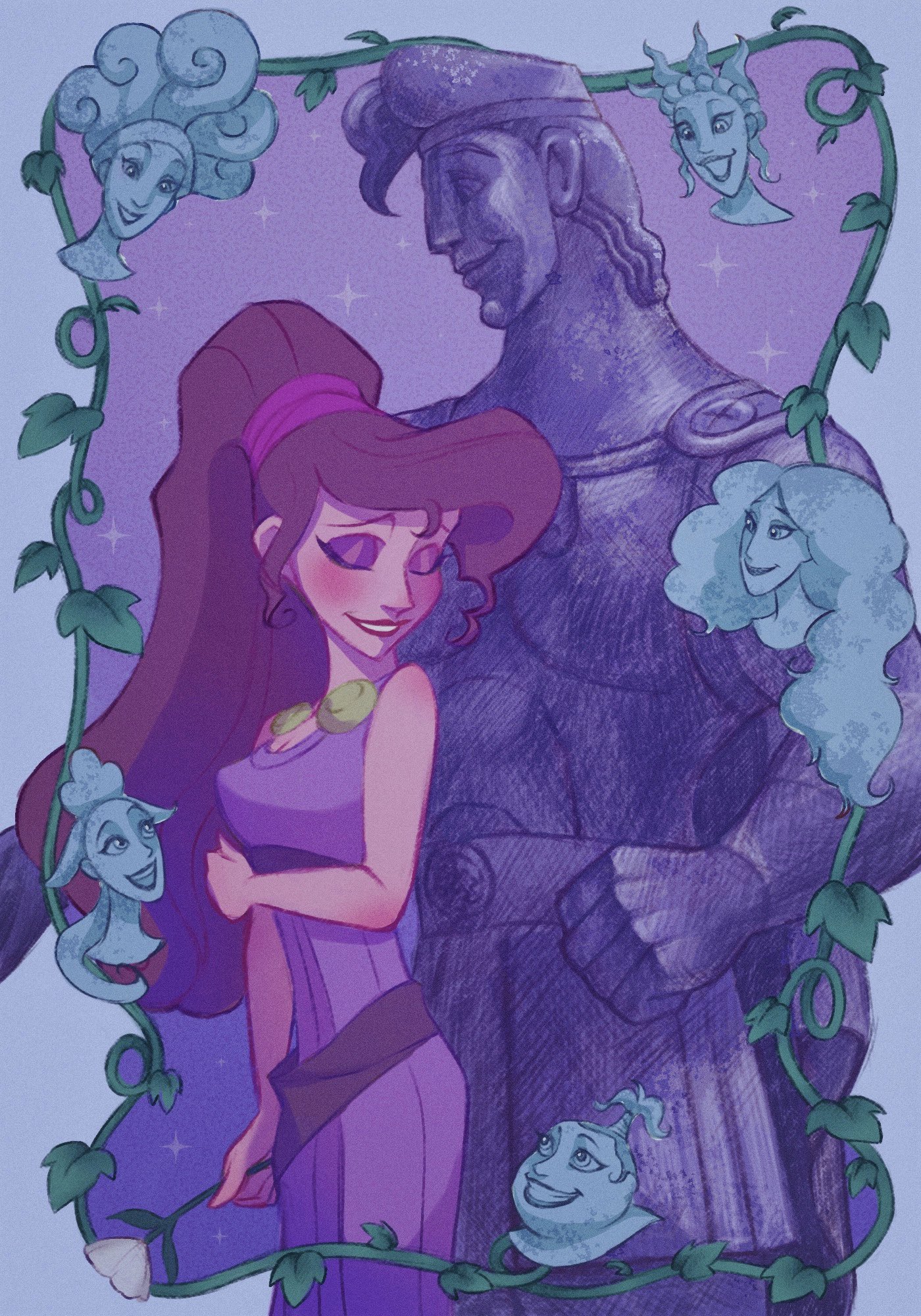 ri ri ri2, clio (disney), megara (disney), hercules (1997 movie), hercules (disney), highres, 1boy, 1girl, bare shoulders, blue border, border, breasts, brown hair, calliope (disney), cleavage, cowboy shot, disembodied head, dress, eyeshadow, flower, grape vine, grin, hetero, holding, holding flower, long dress, long hair, makeup, medium breasts, melponene (disney), ponytail, purple background, purple dress, purple eyeshadow, red lips, sidelocks, smile, sparkle, statue, swept bangs, teeth, terpsichore (disney), thalia (disney), white flower