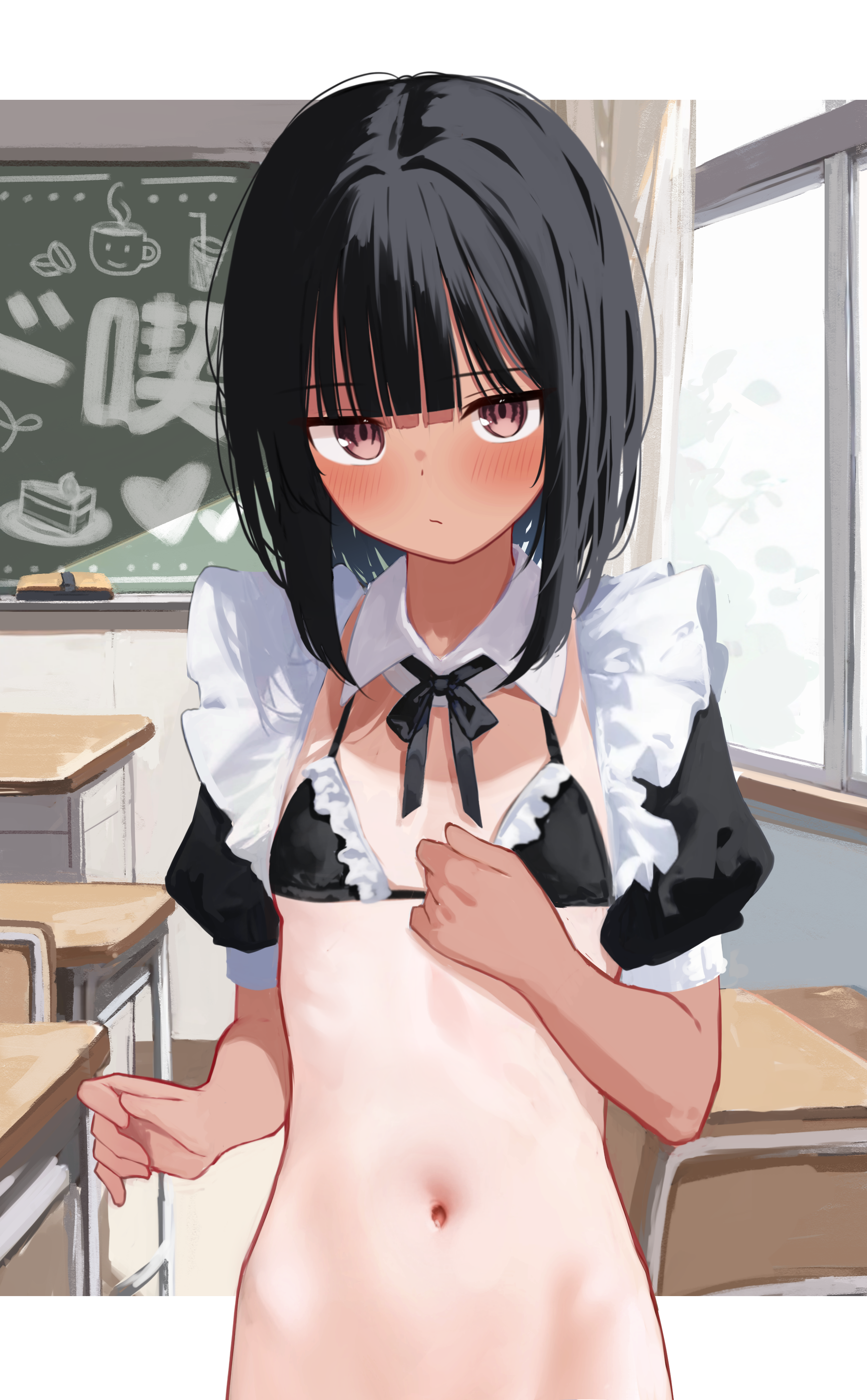 memekko, bob cut girl (memekko), original, absurdres, commentary request, highres, paid reward available, 1girl, apron, bikini, black dress, black hair, black ribbon, blush, bottomless, breasts, classroom, closed mouth, detached collar, dress, indoors, juliet sleeves, long sleeves, looking at viewer, maid, maid apron, maid bikini, medium hair, neck ribbon, one-piece tan, puffy sleeves, red eyes, ribbon, small breasts, solo, swimsuit, tan, tanline, unconventional maid, white apron