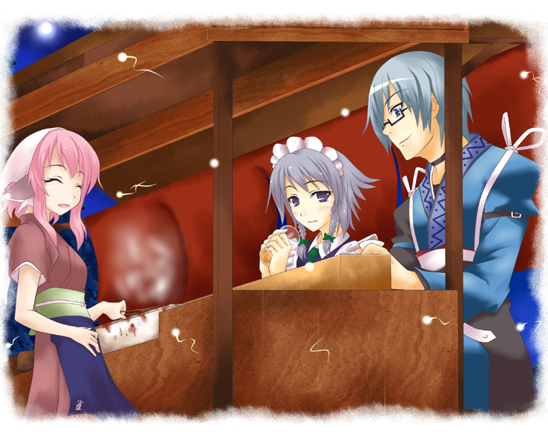 ogami kazuki, izayoi sakuya, morichika rinnosuke, mystia lorelei, okamisty, touhou, bad id, bad pixiv id, 1boy, 2girls, food stand, grill, hetero, japanese clothes, multiple girls, pink hair, purple eyes