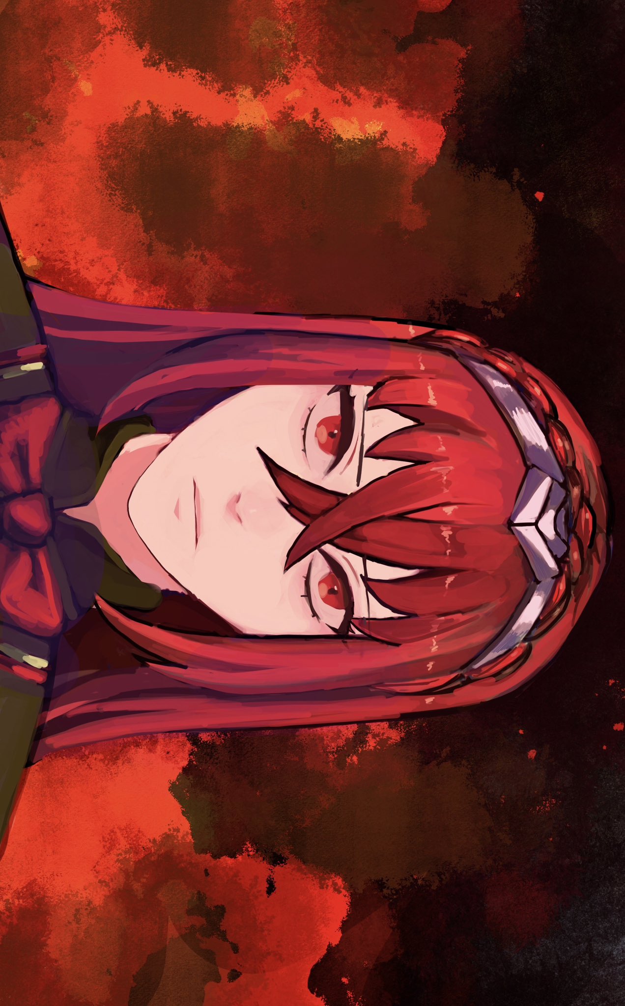 ponzuponta39, female alear (fell dragon) (fire emblem), female alear (fire emblem), fire emblem, fire emblem engage, nintendo, hashtag-only commentary, highres, 1girl, bow, closed mouth, crossed bangs, expressionless, hair between eyes, long hair, looking at viewer, red bow, red eyes, red hair, sideways, solo, tiara, upper body