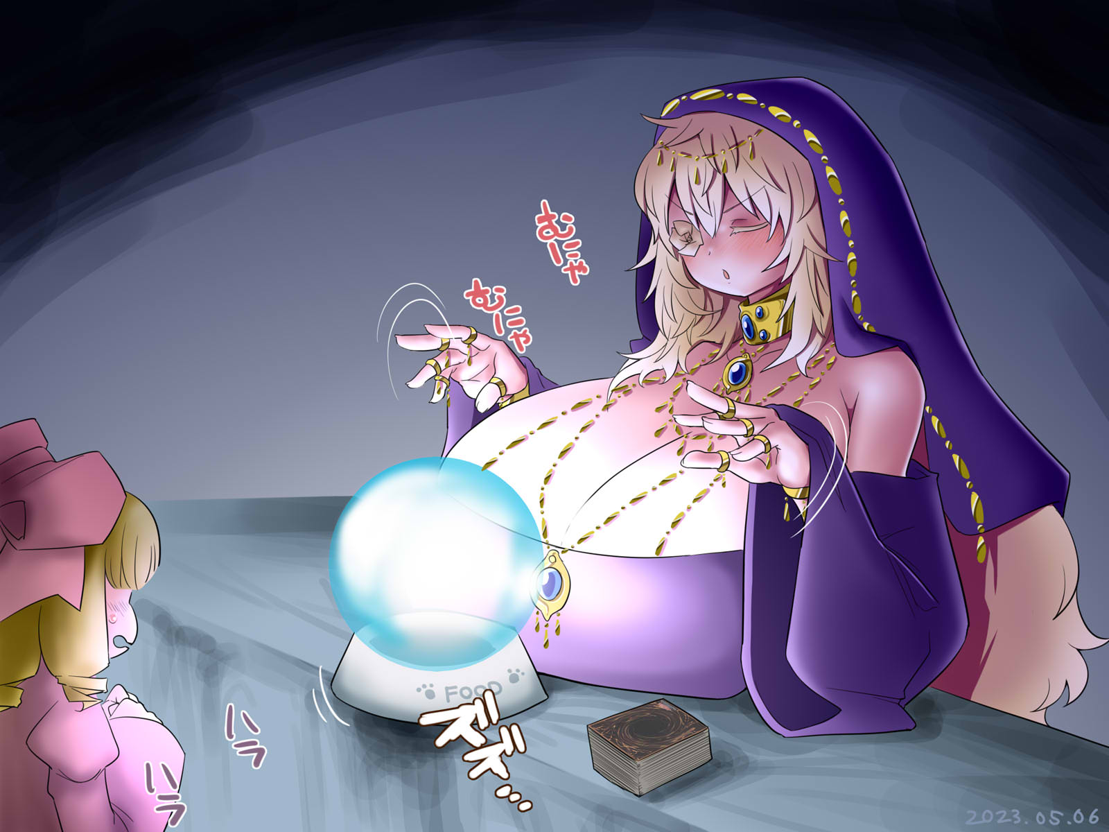 itini-sanshi, hinaichigo, kirakishou, rozen maiden, yu-gi-oh!, commentary request, highres, 2girls, alternate breast size (larger), alternate costume, blue gemstone, blush, bow, bowl, breasts, card, cleavage, closed eyes, crystal ball, dated, dress, flower, flower over eye, fortune teller, gem, hair bow, huge breasts, jewelry, multiple girls, multiple necklaces, multiple rings, off-shoulder dress, off shoulder, open mouth, pet bowl, pink bow, purple coif, purple dress, ring, rose, upper body, yellow flower, yellow rose