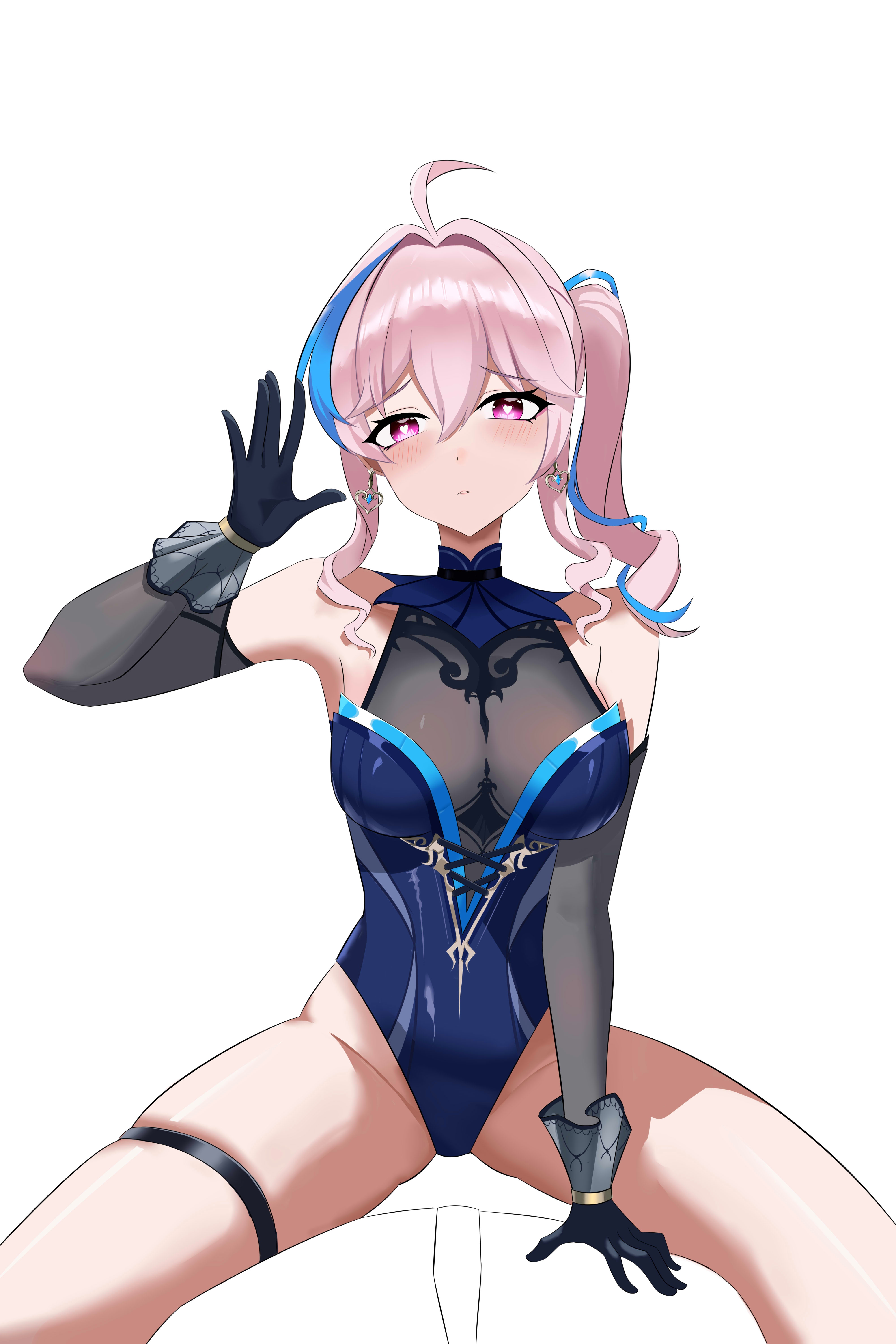 rain sorrow, kanami (azure specter) (strinova), kanami (strinova), strinova, absurdres, highres, 1boy, 1girl, ahoge, armpits, blonde hair, blush, breasts, detached sleeves, earrings, girl on top, gloves, hair between eyes, hair intakes, halterneck, hand on another's chest, hand up, heart, heart-shaped pupils, heart earrings, highleg, highleg leotard, jewelry, legs apart, leotard, looking at viewer, medium breasts, multicolored hair, parted lips, pink eyes, side ponytail, simple background, straddling, strapless, strapless leotard, symbol-shaped pupils, teeth, thick thighs, thigh strap, thighs, white background, white hair