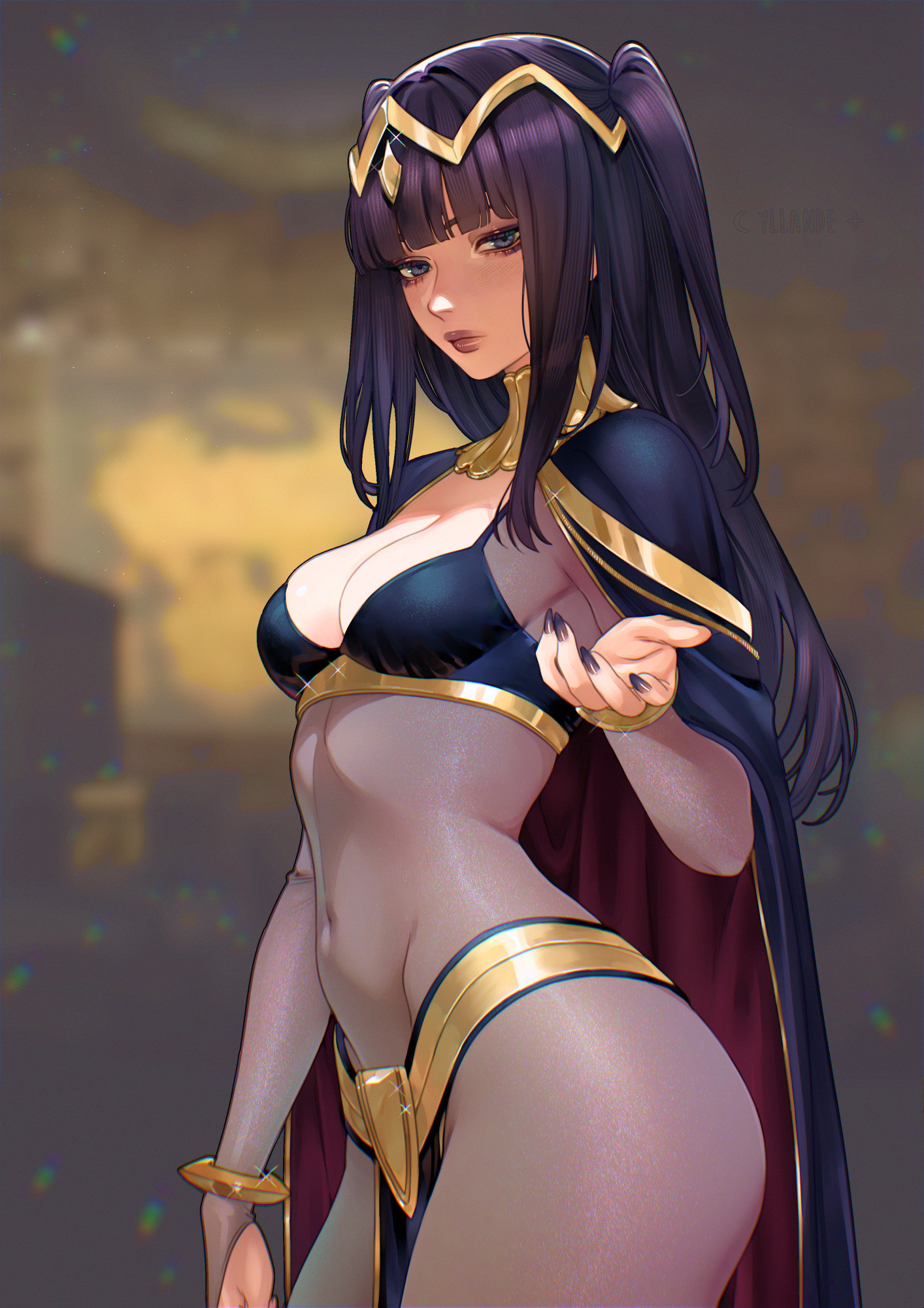 tharja (fire emblem), fire emblem, fire emblem awakening, nintendo, highres, 1girl, bodystocking, breasts, cape, cleavage, covered navel, female focus, lips, long hair, looking at viewer, medium breasts, nail polish, pelvic curtain, solo, thick thighs, thighs, yllande