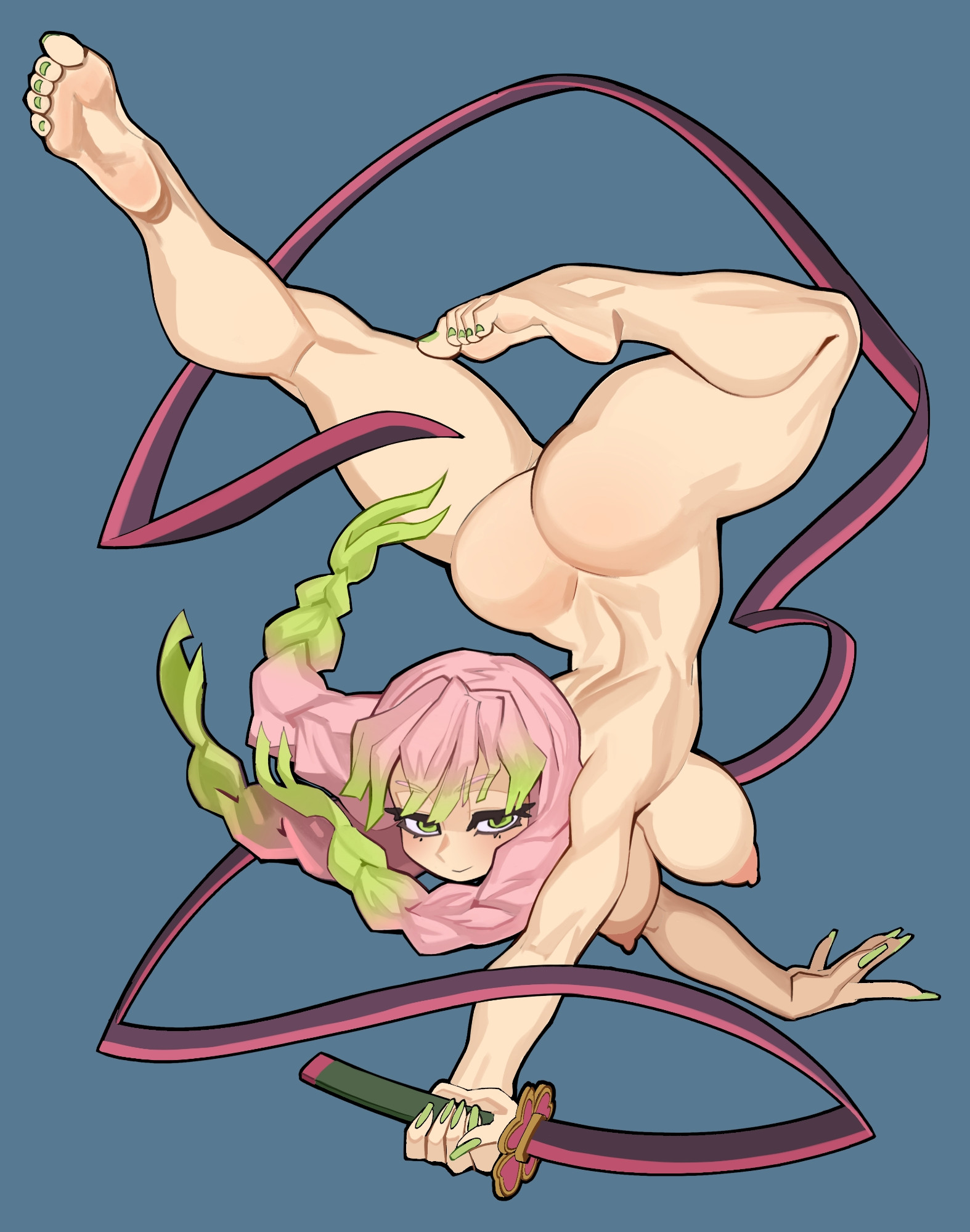 nezo, kanroji mitsuri, kimetsu no yaiba, highres, 1girl, ass, breasts, completely nude, female focus, flexible, full body, green eyes, green hair, large breasts, long hair, looking at viewer, multicolored hair, nail polish, nude, pink hair, solo, sword, thick thighs, thighs, toenail polish, toenails, two-tone hair, weapon