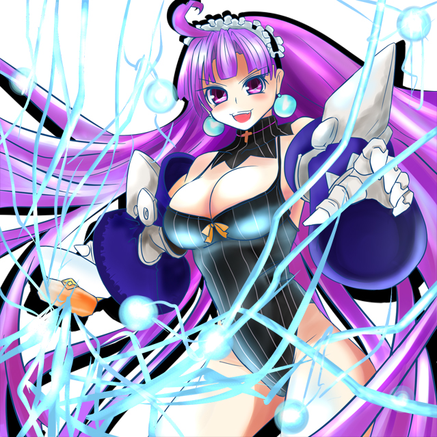 mizuno kakeru, dark eclair, eclair (la pucelle), la pucelle, nippon ichi, 1girl, breasts, cleavage, female focus, gauntlets, headdress, large breasts, lightning, long hair, purple hair, solo, very long hair