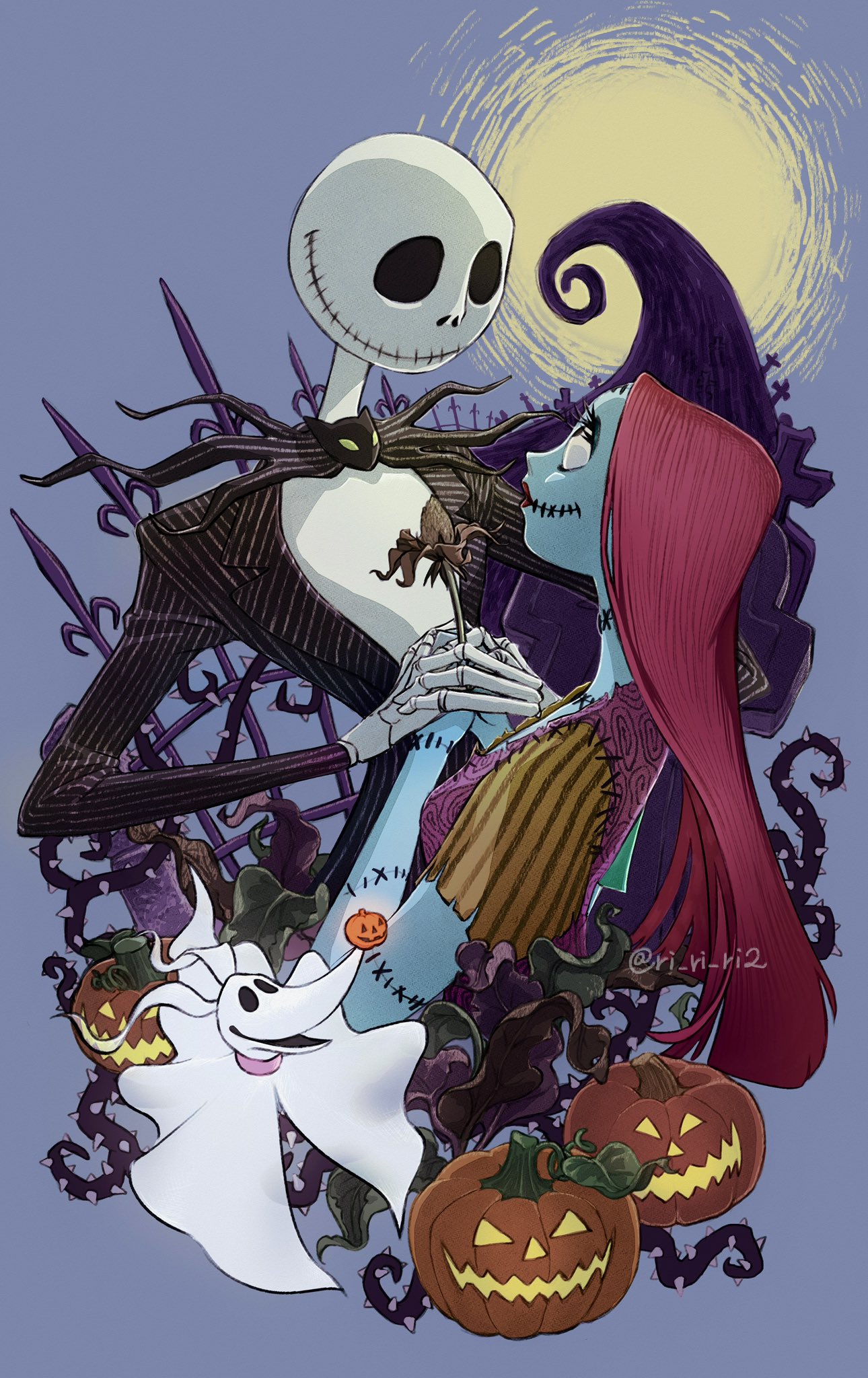 ri ri ri2, jack skellington, sally (nbc), zero (nbc), the nightmare before christmas, highres, 1boy, 1girl, black eyes, black flower, black suit, blue skin, colored skin, couple, flower, formal clothes, full moon, hetero, holding, holding flower, holding hands, jack-o'-lantern, jacket, long hair, looking at another, moon, parted bangs, patchwork clothes, red hair, skeletal hand, skeleton, striped clothes, striped jacket, striped suit, suit, suit jacket, twitter username, upper body