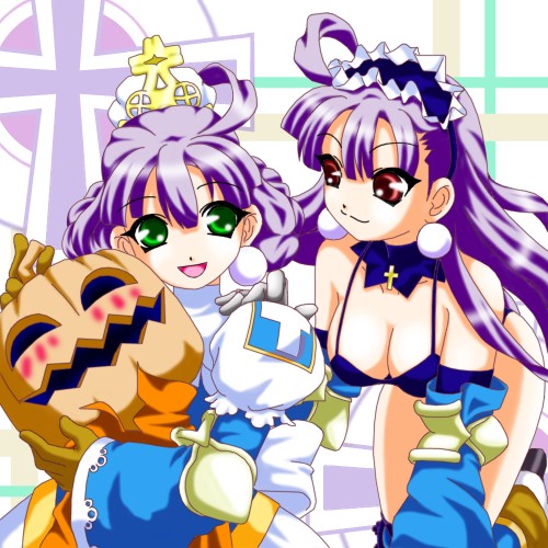 dark eclair, eclair (la pucelle), pumpkin (la pucelle), la pucelle, nippon ichi, lowres, 2girls, armor, armored dress, blush, breasts, cleavage, cross, dress, dual persona, gloves, green eyes, highleg, highleg leotard, huge breasts, jack-o'-lantern, large breasts, leotard, long hair, multiple girls, princess, pumpkin, red eyes, short hair, smile