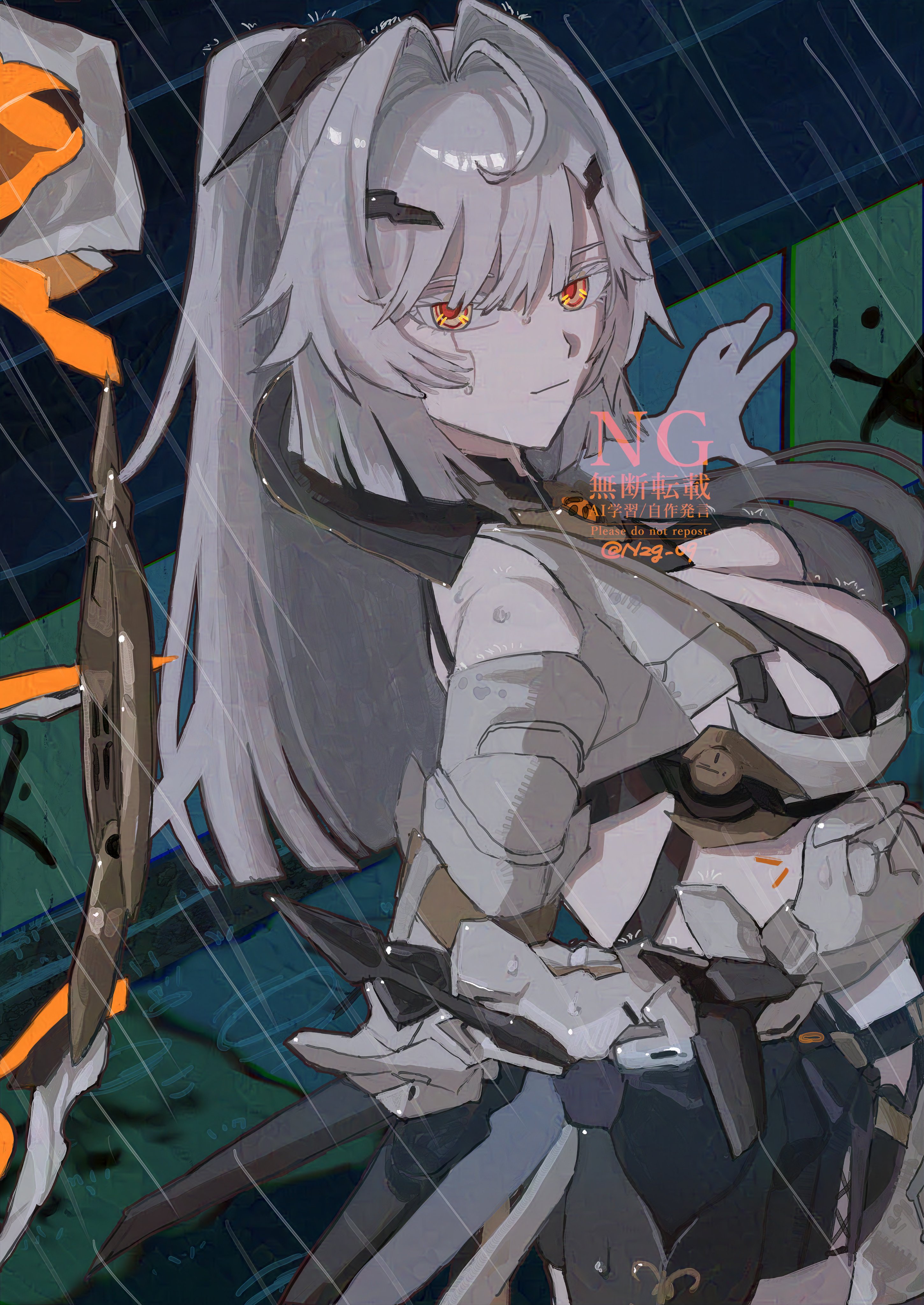nzg 09, erdos helia, erdos helia (planar armament: warped spacetime), honkai (series), honkai impact 3rd, absurdres, highres, 1girl, breasts, cleavage, cleavage cutout, closed mouth, clothing cutout, grey hair, large breasts, long hair, looking at viewer, looking to the side, orange eyes, outdoors, ponytail, rain, solo, watermark