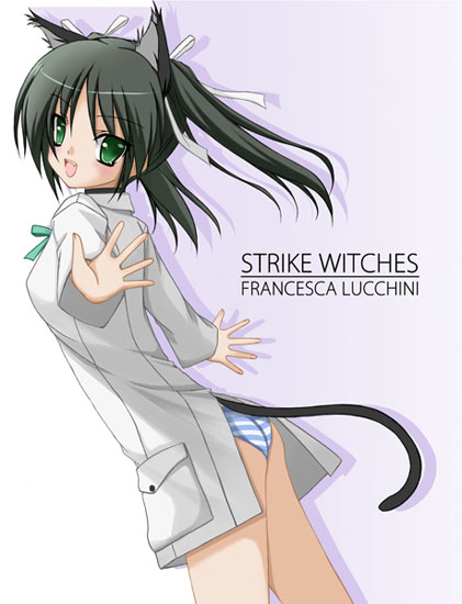 tomosuke, francesca lucchini, strike witches, world witches series, 00s, 1girl, animal ears, ass, black hair, cat ears, cat tail, cowboy shot, female focus, green eyes, hair ribbon, looking back, panties, ribbon, solo, stretching, striped clothes, striped panties, tail, twintails, underwear