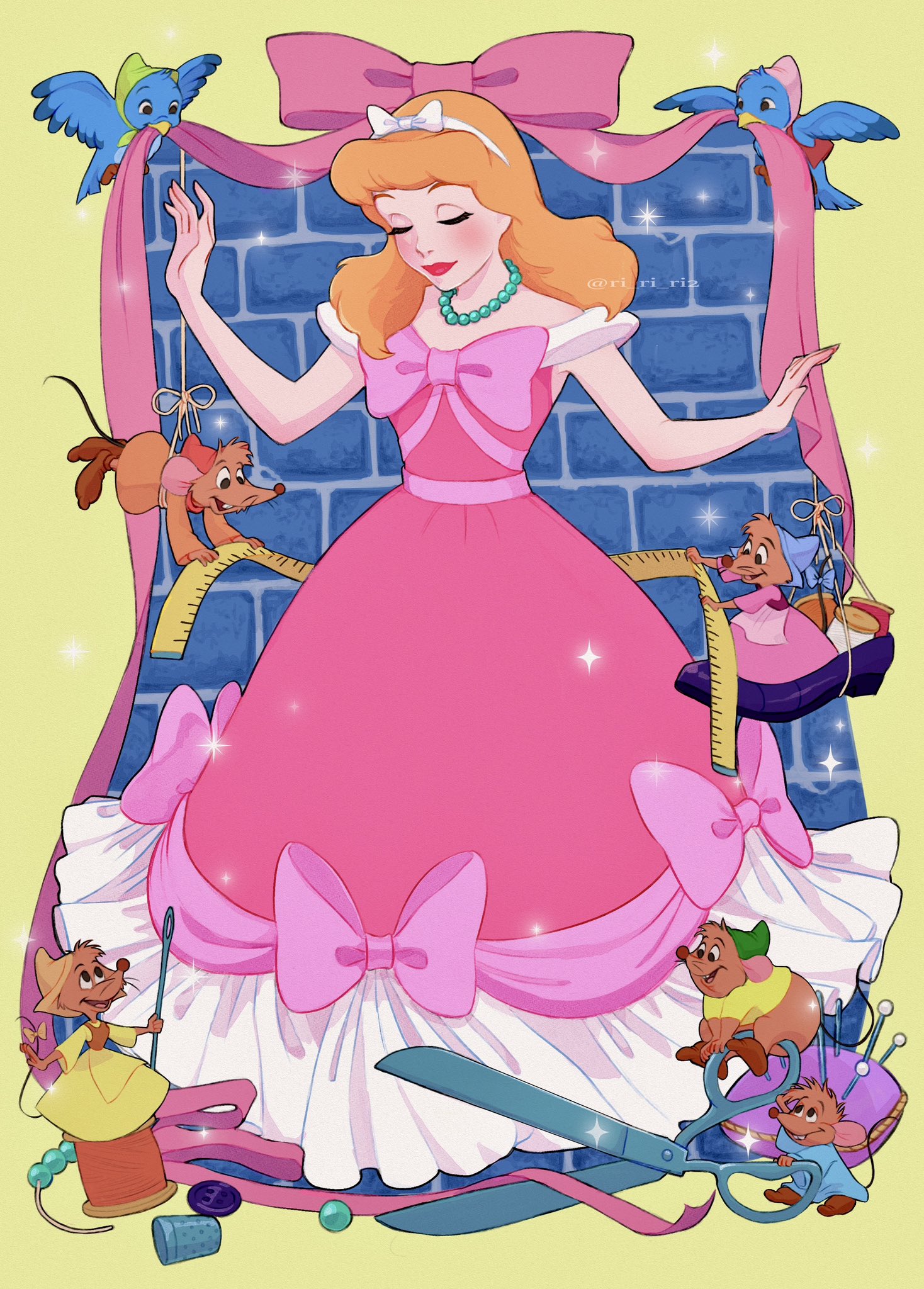 ri ri ri2, cinderella (disney character), jaq (cinderella), cinderella (disney movie), highres, 1girl, apron, bead necklace, beads, bird, blonde hair, blue bird, blue hat, blue shirt, boots, border, bow, brick wall, brown boots, closed eyes, dress, dress bow, full body, green hat, gus (cinderella), hair bow, hairband, hat, holding, holding scissors, holding sewing needle, jewelry, light blush, long dress, long hair, mouse (animal), necklace, off-shoulder dress, off shoulder, outstretched arms, pincushion, pink bow, pink dress, pink hat, pink ribbon, red hat, red lips, ribbon, scissors, shirt, short sleeves, smile, tape measure, thimble, thread, twitter username, waist apron, white bow, white hairband, yellow border, yellow hat