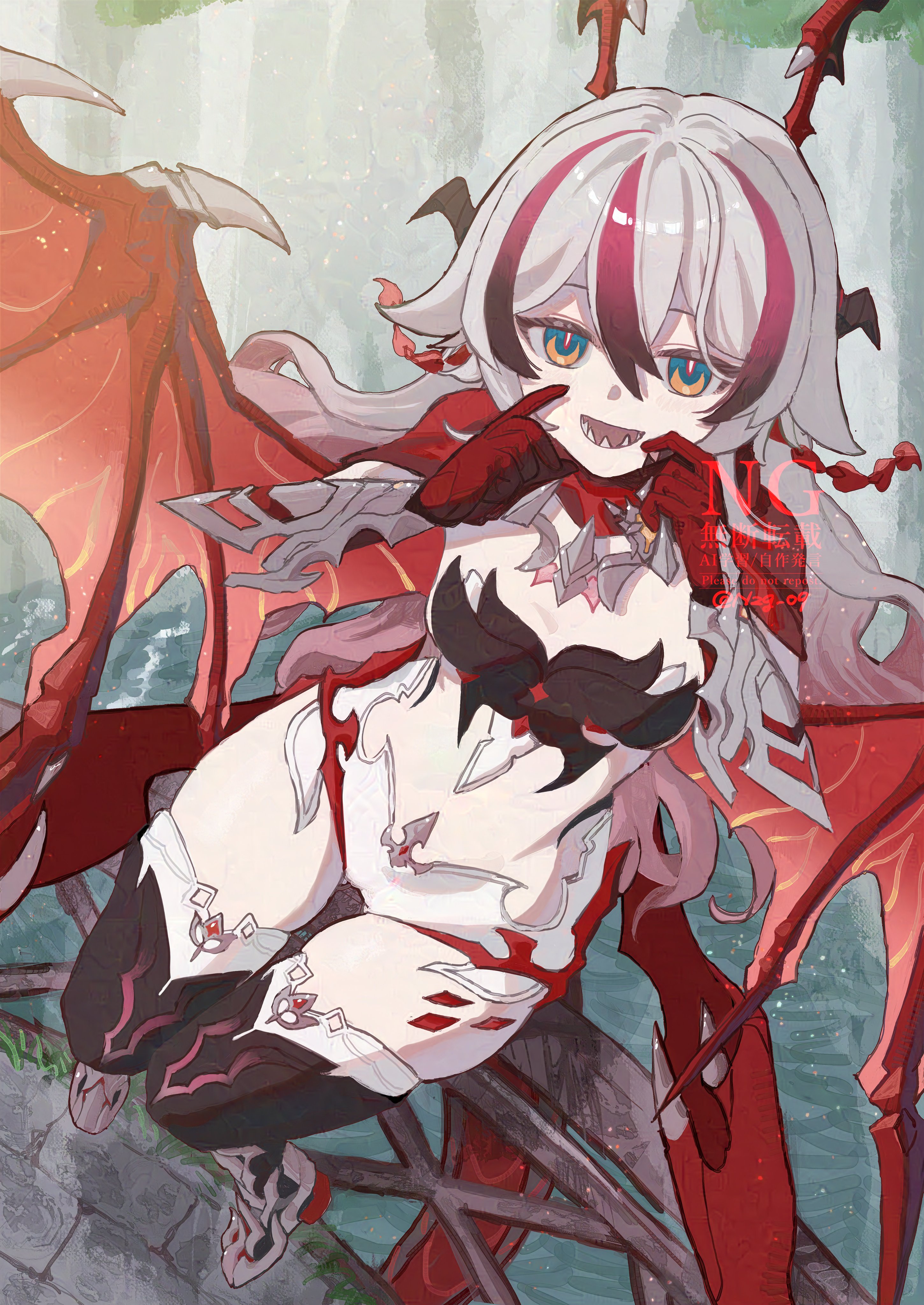 nzg 09, coralie 6626 planck, coralie 6626 planck (behold! fate-defying dragon), honkai (series), honkai impact 3rd, absurdres, highres, 1girl, :d, boots, breasts, dragon girl, dragon horns, dragon tail, fangs, gauntlets, gloves, grey hair, horns, long hair, looking at viewer, multicolored hair, open mouth, orange eyes, outdoors, red gloves, red hair, small breasts, smile, solo, tail, thigh boots, two-tone hair, watermark